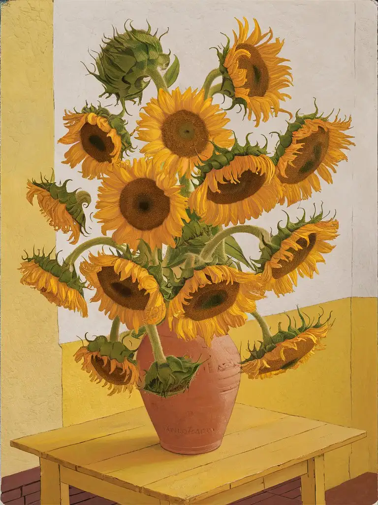 create for me a painting in the style of postimpressionism, using the impasto technique. 15 (fifteen) sunflowers standing in a small clay pot, on a dark yellow monochrome table, against a light yellow monochrome wall. Make some of the sunflowers open and others closed. 