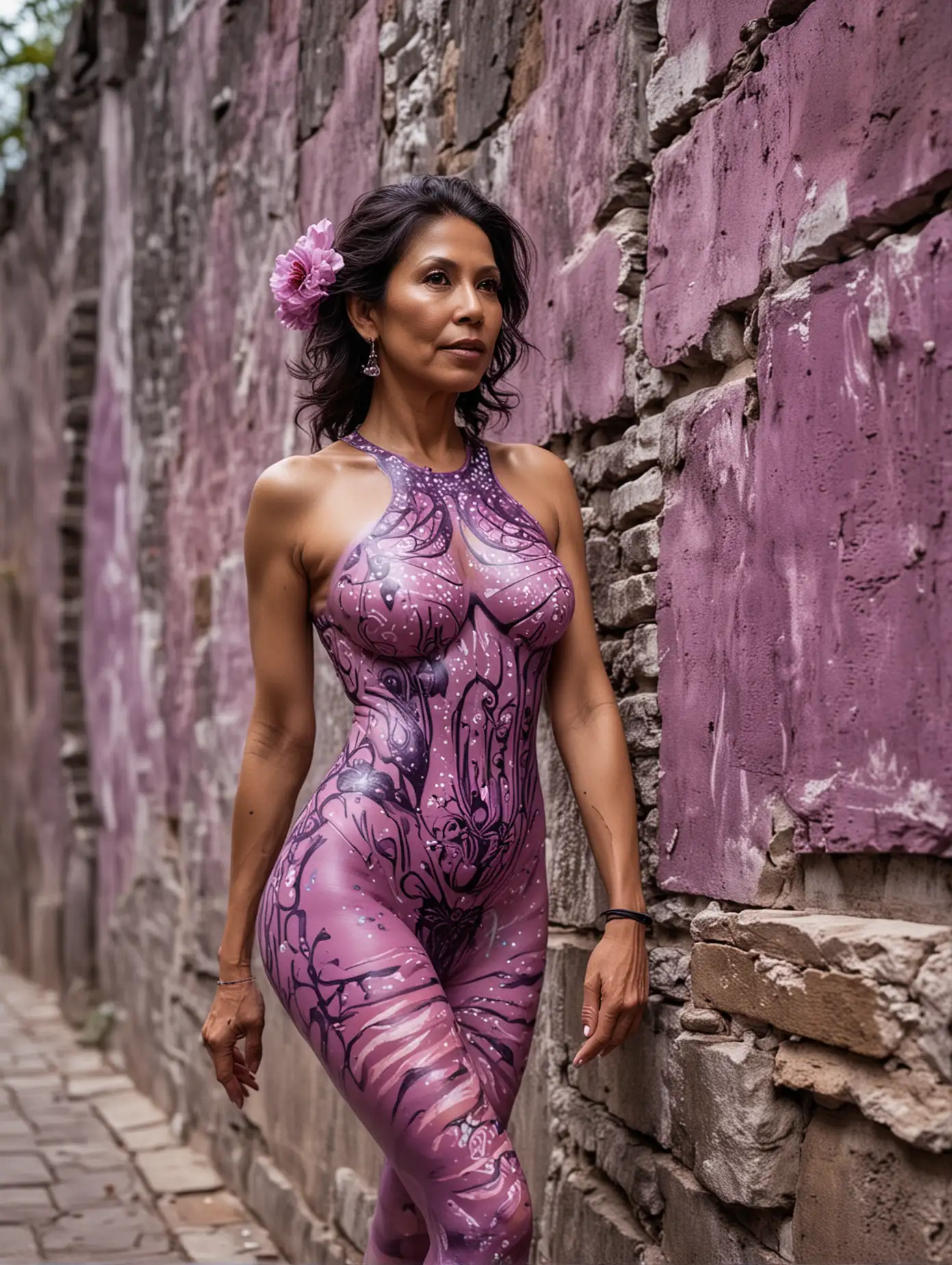 Latina-Woman-Body-Painted-in-Light-Purple-Walking-on-the-Great-Wall-of-China