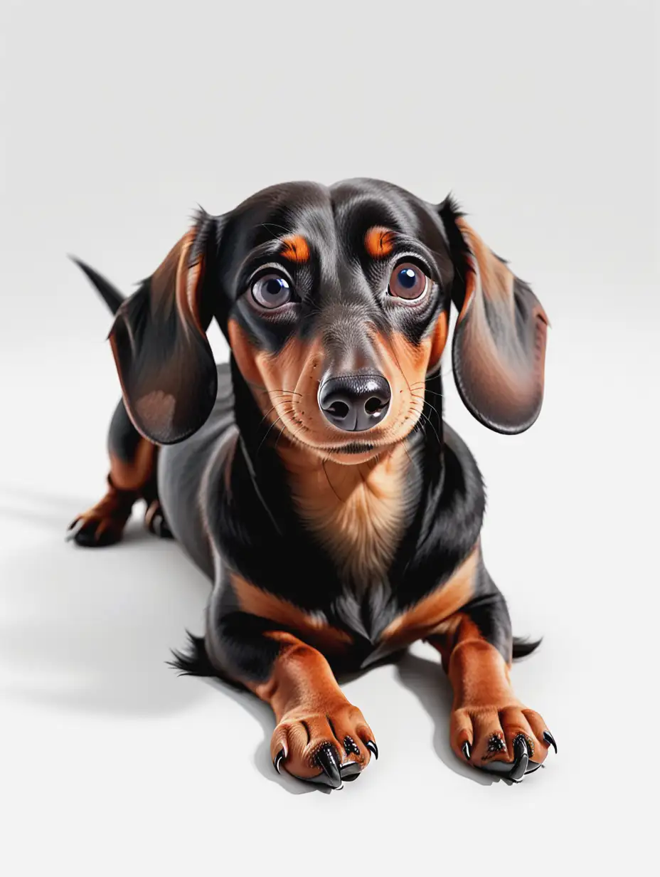 Flat design, Hyper realistic, a dachshund dog lying down with its paws extended forward and its head resting on the ground between its paws. The dog’s face is intentionally blurred, making it unrecognizable, 100% white background, no shadow