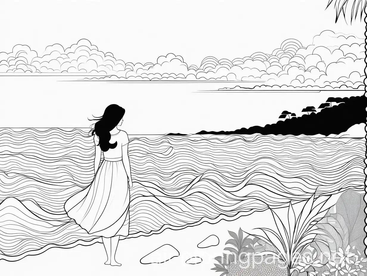 coloring page with a girl by the sea, Coloring Page, black and white, line art, white background, Simplicity, Ample White Space. The background of the coloring page is plain white to make it easy for young children to color within the lines. The outlines of all the subjects are easy to distinguish, making it simple for kids to color without too much difficulty
