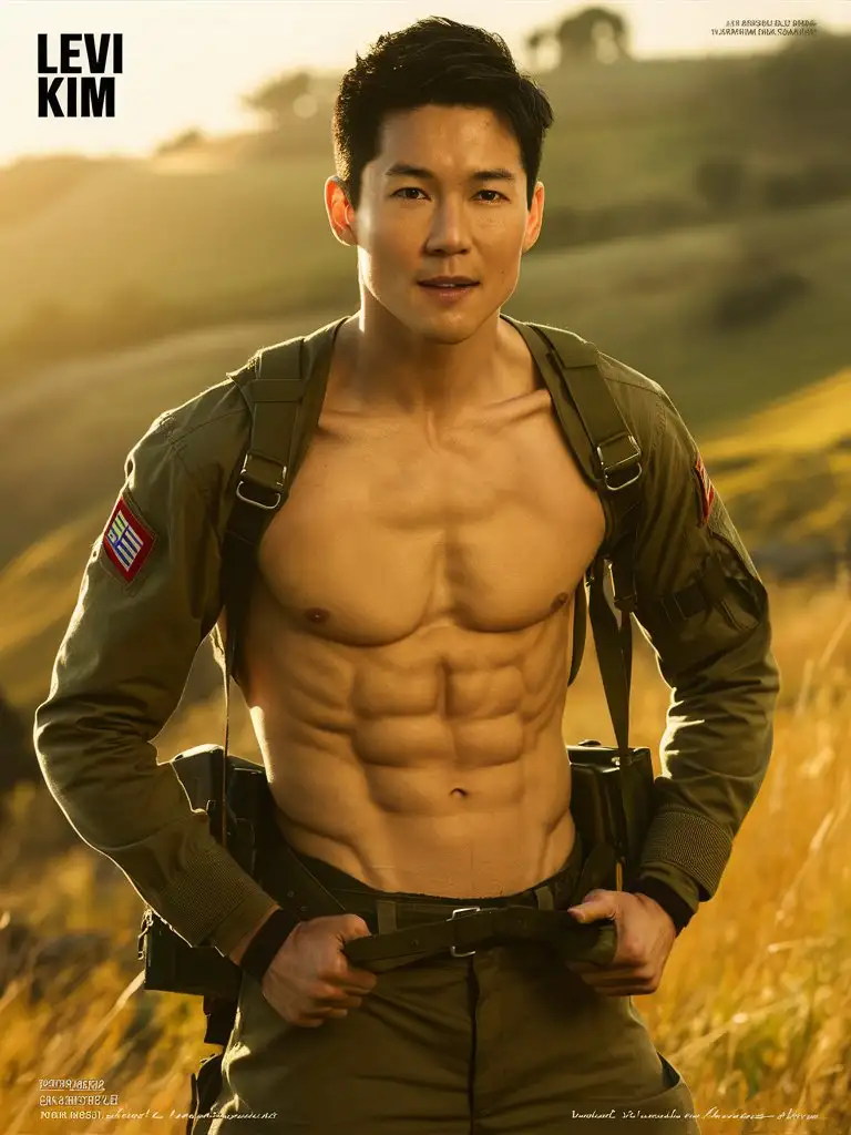 Actor levi kim with six pack abs and chest, shirtless as ww2 medic in ww2 italy at golden hour, face and body photo, 16k, medium shot, very high quality, very high resolution, fitness, macho, virile, masculine, sexy, youthful,
