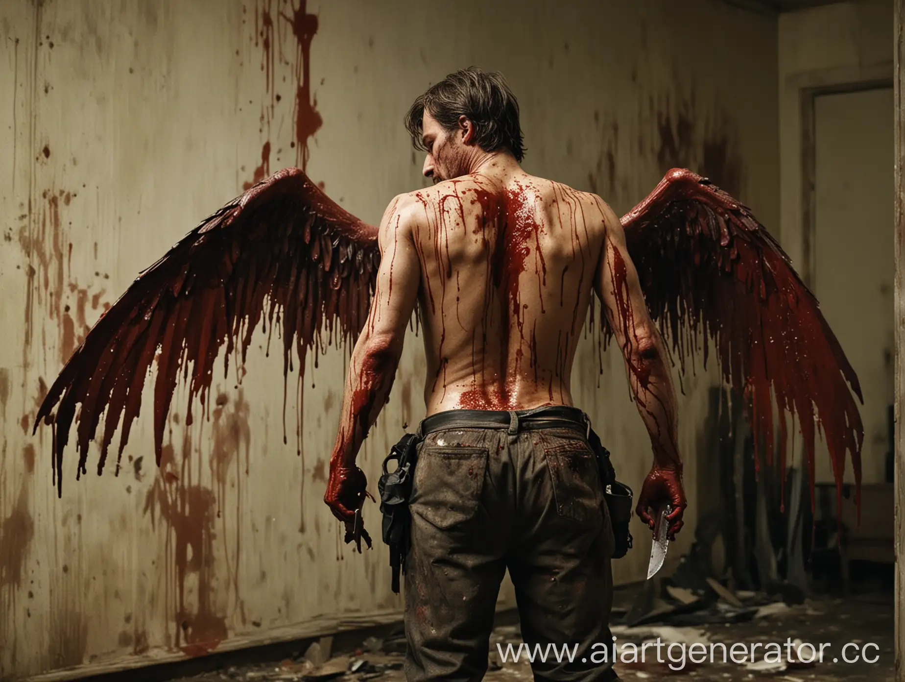 Человек стоящий спиной в комнате, с отрезанными на спине крыльями и держит нож в крови в руках