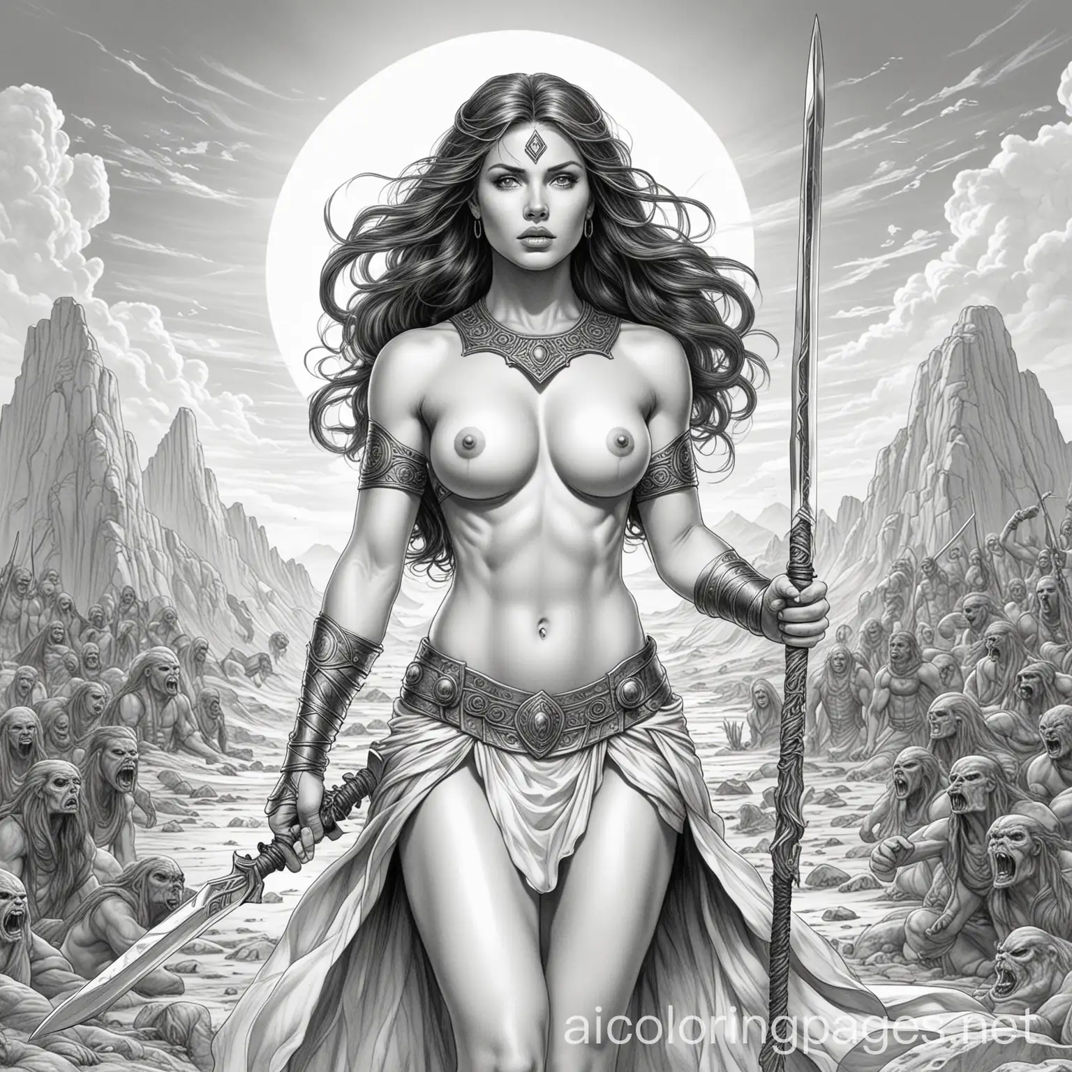 Fearful-Warrior-Princess-Surrounded-by-Captive-Slaves-Black-and-White-Coloring-Page
