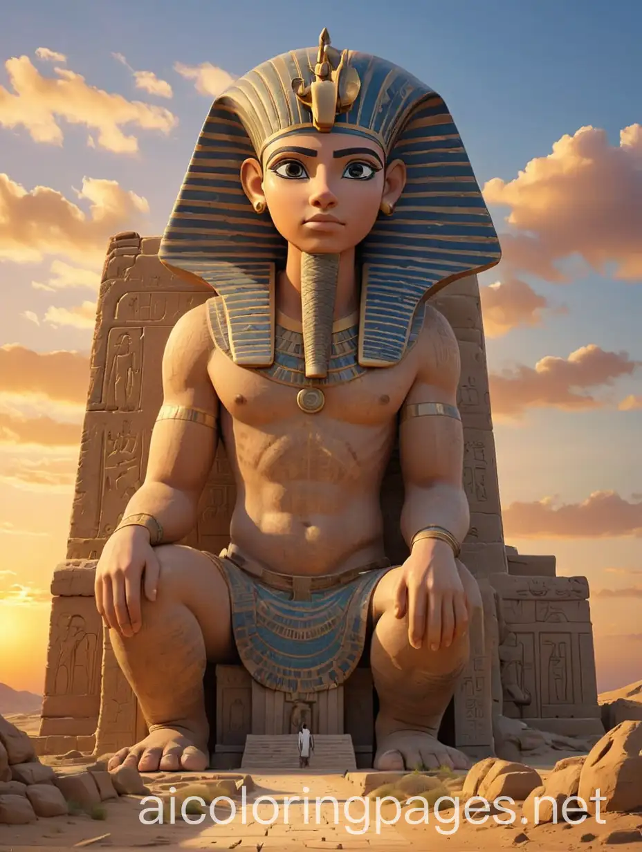 Create a hyper-realistic image of me. It represents ancient Pharaonic Egypt. A vast desert at sunset. A large, huge Pharaonic temple decorated with drawings and hieroglyphic writings. In front of him is a huge statue representing the statue of Horus. The sky is blue with clouds at sunset. The details are of high quality and accuracy, Coloring Page, black and white, line art, white background, Simplicity, Ample White Space. The background of the coloring page is plain white to make it easy for young children to color within the lines. The outlines of all the subjects are easy to distinguish, making it simple for kids to color without too much difficulty