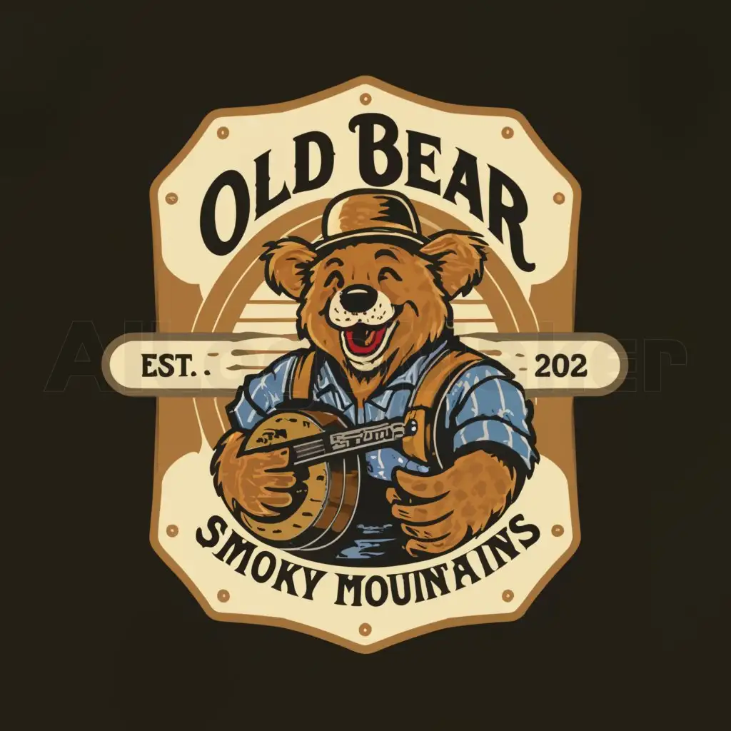 a logo design,with the text "Old Bear Smoky Mountains", main symbol:Tall rectangle label with a smiling bear wearing overalls and a straw hat, holding a banjo, with mountains in the background.,complex,be used in Retail industry,clear background
