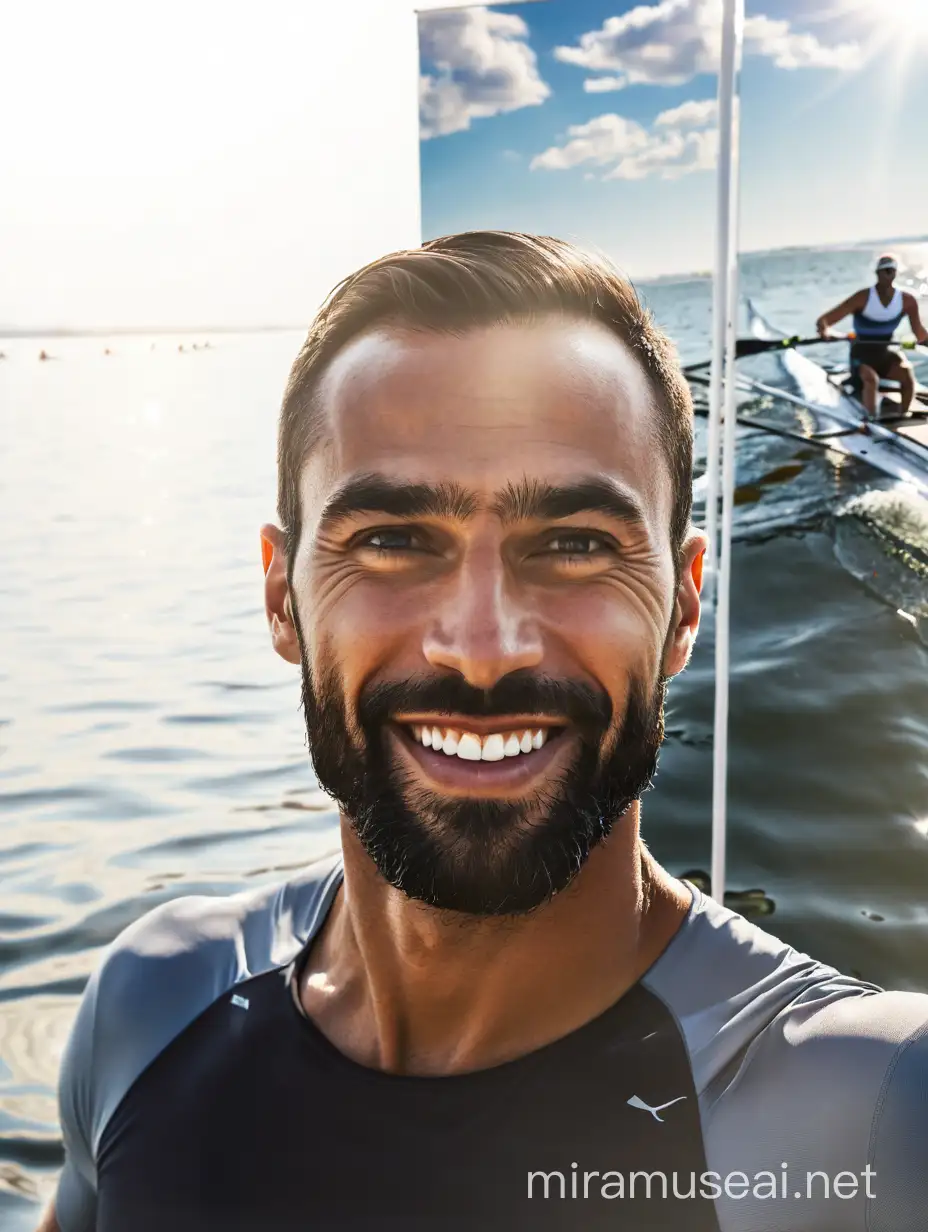 The background of the poster features a sunny sky and a magnificent view of the water. a handsome men  rowers is ready to race other on the water. he is energetically  moving forward, creating reflections on the surface of the water. At the center of the scene, there is the excitement and dynamism of the race.

