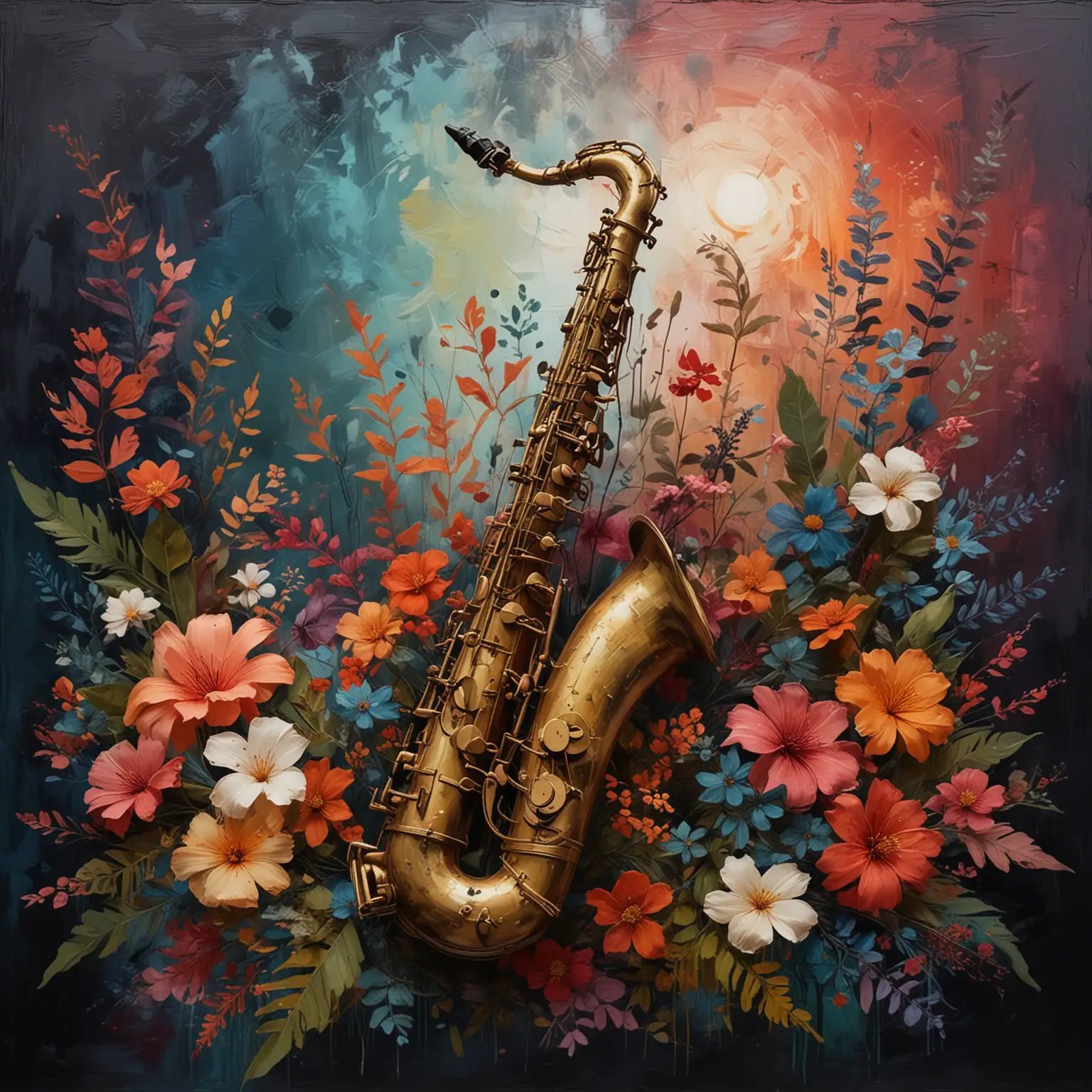 A modern art piece featuring stylized summer night and flowers and Saxophone, wabi-sabi style, in Japandi colors and abstract design, colorful background