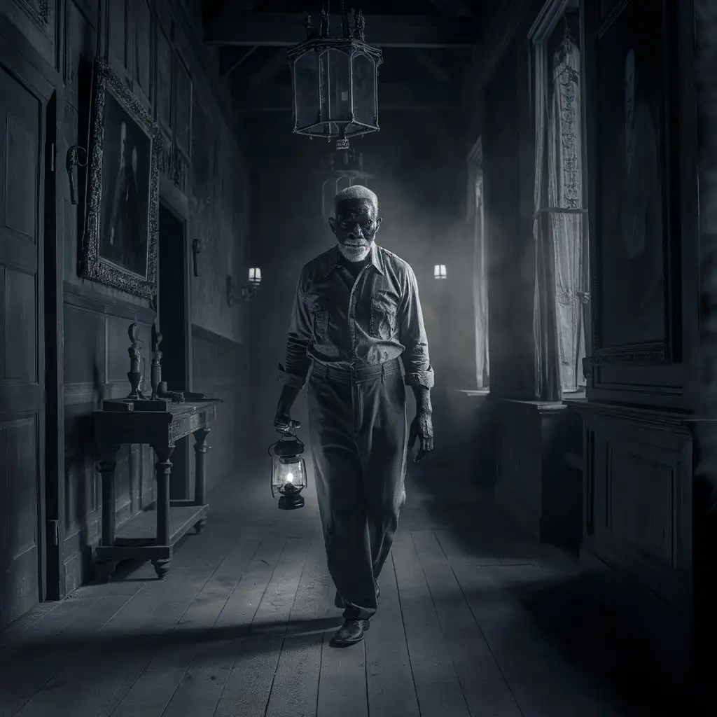 Nighttime Stroll Elderly Caretaker in a Mansions Halls