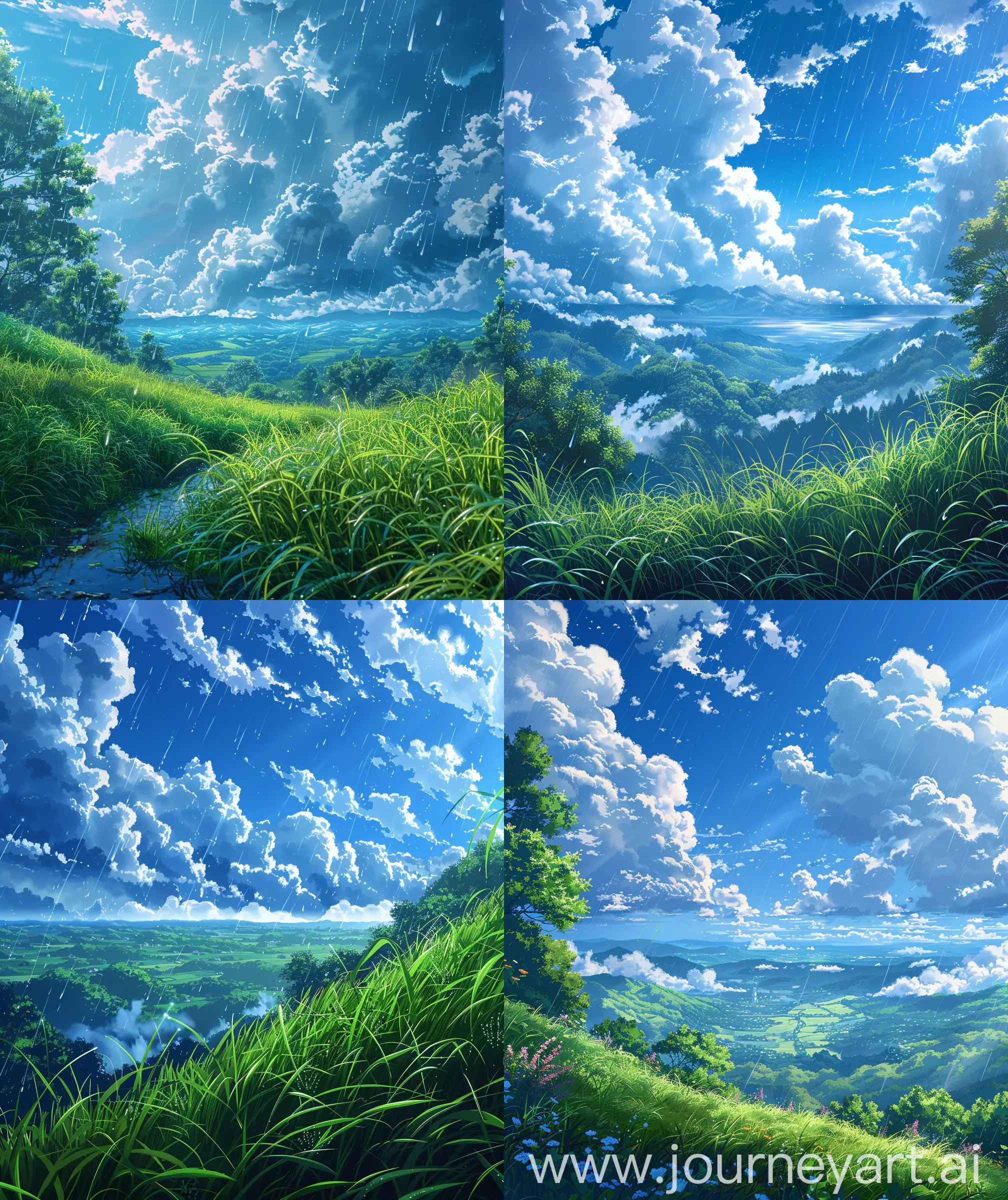 Anime scenary , mokoto shinkai and ghibli mix scenary, , Blue sky,fluffy clouds, rainy like weather or weather before rain, beautiful view,haze, quite and calm nature , grass, close up view, vibrant and quite look, ultra HD, high quality, sharp details,rainy anime vibe , no human,no hyperrealistic, --ar 27:32 --s 400
