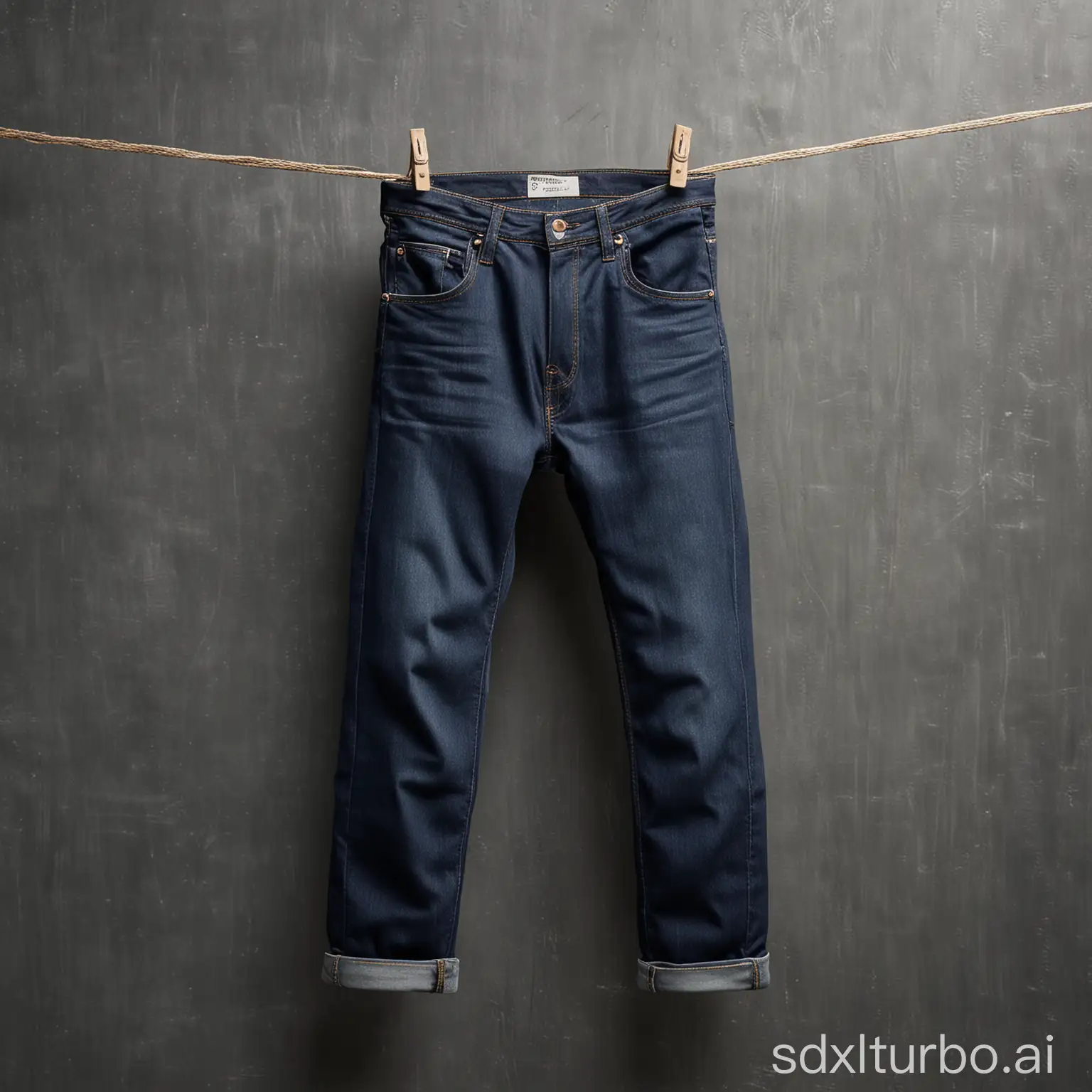A pair of dark blue jeans hanging on a clothesline. The jeans are made of a thick, durable denim and have a classic five-pocket design. The light shining on the jeans highlights their rich color and texture.