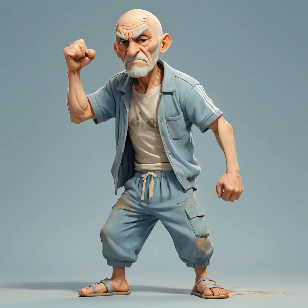 Elderly-Bald-Man-in-Casual-Adidas-Tracksuit-and-Sandals-Shaking-Fist
