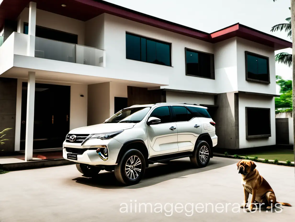 in a indian concrete house and a dog is sitting infront of the house . a white toyota fortuner is infront of the house 