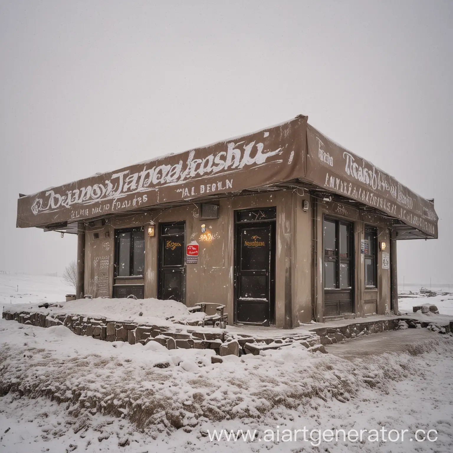 ресторан, элитный и богатый ресторан, стоящий на холоде, окутанный снежной пылью, с названием "traxaсhu"