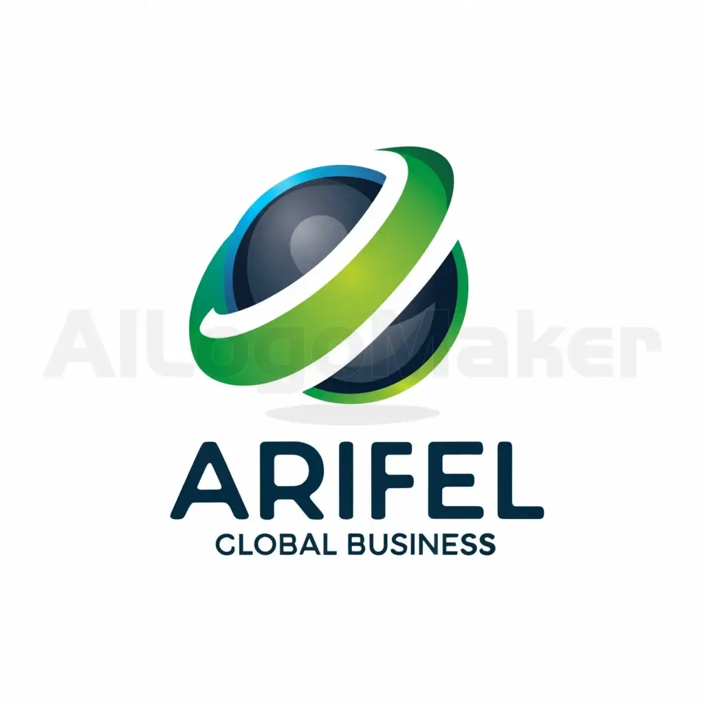 a logo design,with the text "ARIFEL GLOBAL BUSINESS", main symbol:Imagine a modern and elegant design that combines clean sans-serif typography with an abstract symbol. The name "ARIFEL" would stand out in uppercase letters with a deep blue color that conveys trust and professionalism. The words "GLOBAL BUSINESS" would be below in a smaller size and in a gray tone to complement without competing with the main name.

The symbol would be a stylized sphere formed by intertwined curved lines, representing global interconnectedness and the dynamic growth of the company. This graphic element would use gradients of blue and green, symbolizing innovation and sustainable growth.,Minimalistic,clear background