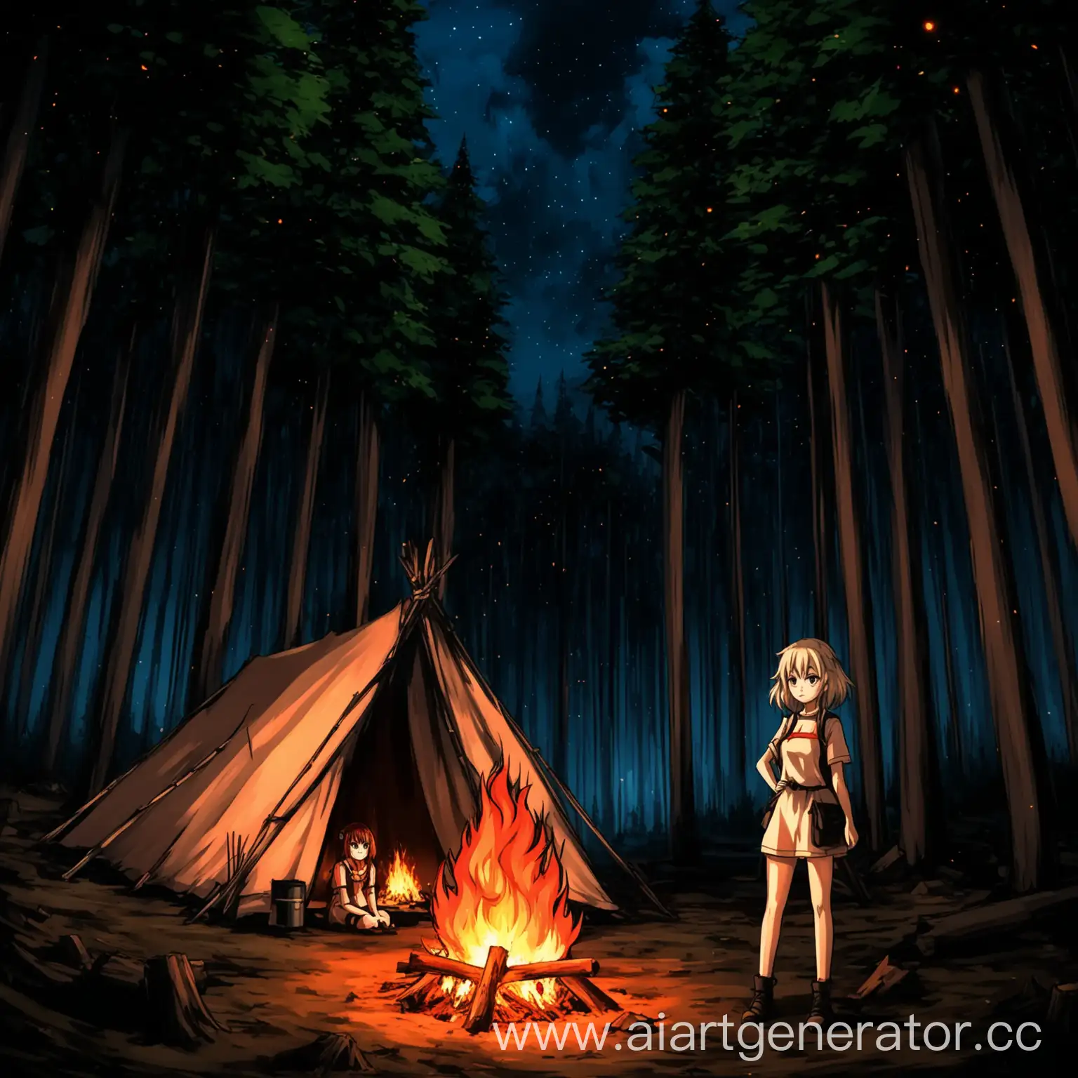 anime forest firecamp, girl and night
