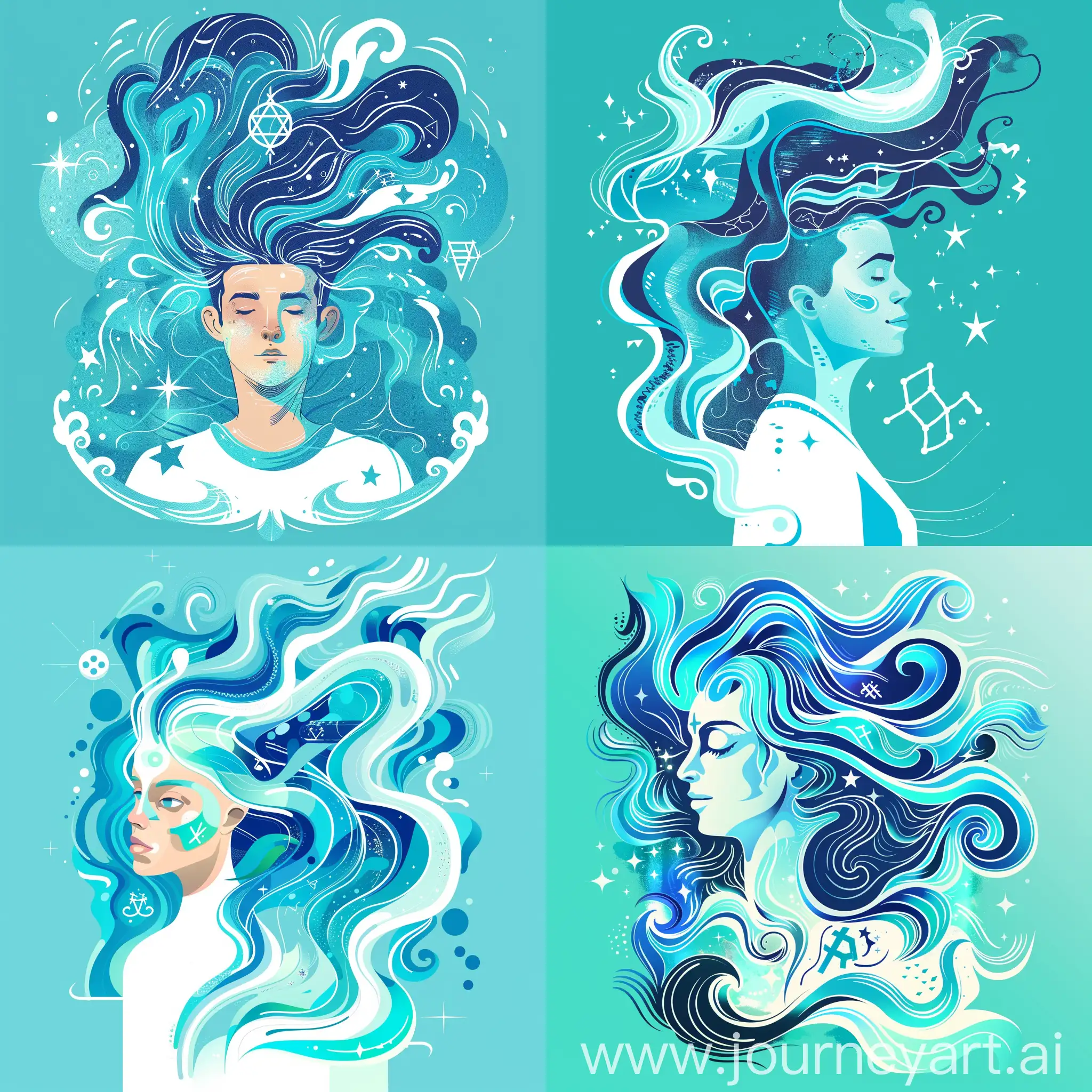 /imagine Create a vibrant and captivating artwork of Aquarius, the zodiac sign, designed for stickers. The central figure should be a serene and ethereal person, embodying the water-bearer, with flowing blue and turquoise hues blending seamlessly into their appearance. Their hair should resemble flowing water, with dynamic, fluid patterns swirling around their face and upper body.  Key elements:  A bright and cheerful color palette with blues, teals, and white, highlighting the fluidity and tranquility of water. A serene and mystical expression on the person’s face, exuding calmness and creativity. Incorporate subtle stars or the Aquarius symbol (♒︎) into the background, adding a celestial touch without cluttering the design. The background should be simple yet complement the water theme, using gradients of blue and hints of teal to evoke an oceanic or cosmic atmosphere. Ensure the design is clean, bold, and eye-catching, suitable for sticker production.