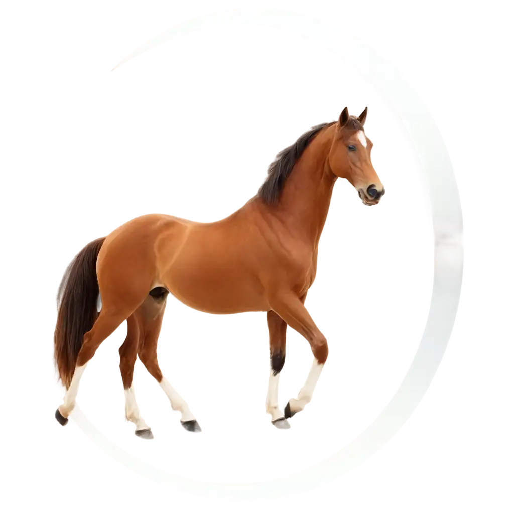 The horse is enclosed within a crescent shape, also white, which creates a circular frame around it.