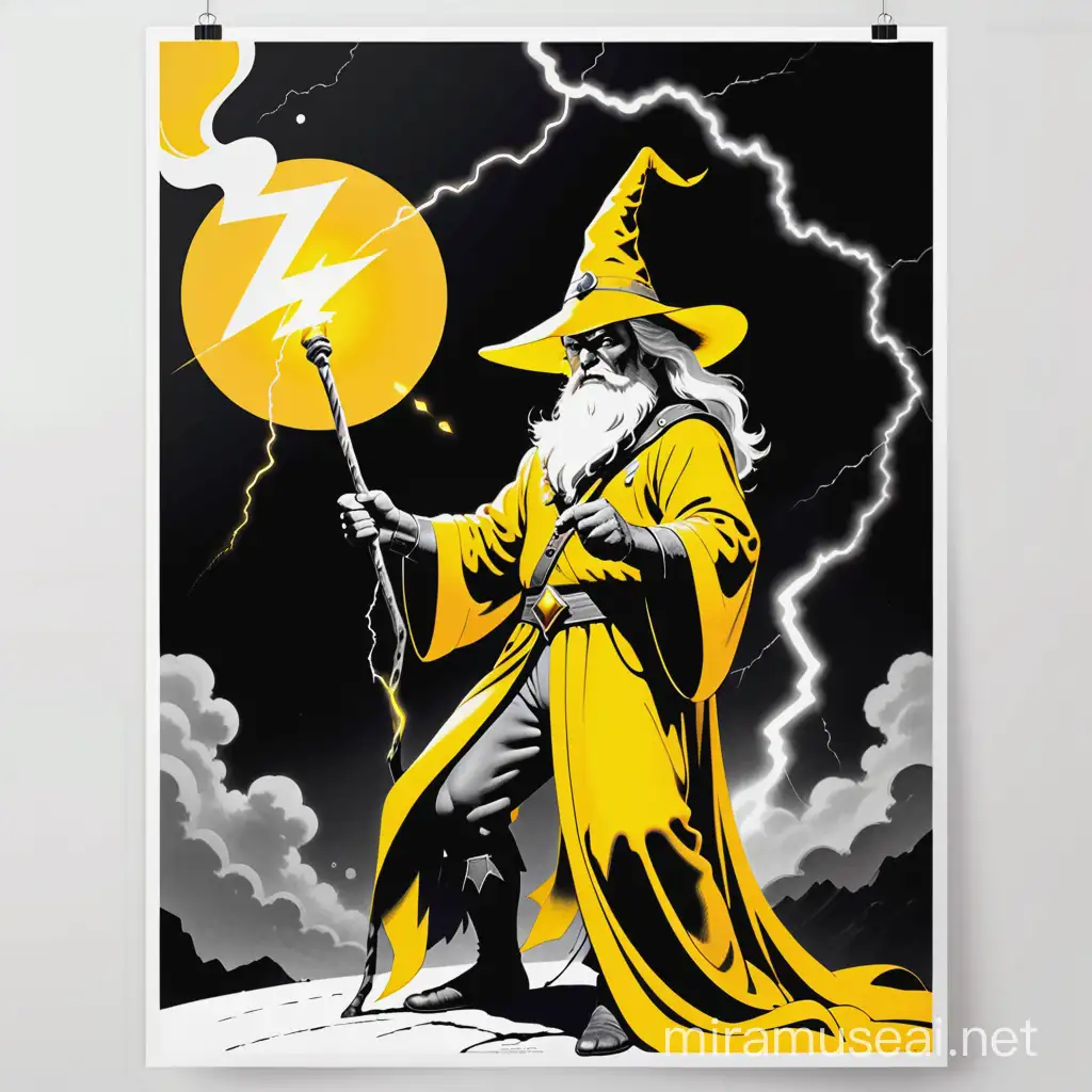 frazetta retro psychedelic wizard holding staff with lightning blasting poster yellow black white 3 color minimalist design-A Collection of AI-Generated Images and Artwork