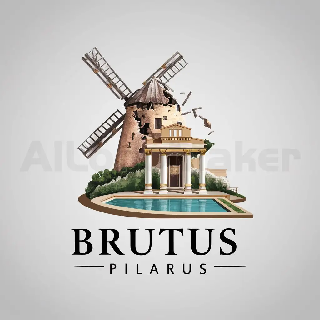 a logo design,with the text "BRUTUS PILARUS", main symbol:an old spanish mill destroyed by a big indian villa with two pillars and a pool,Moderate,be used in Travel industry,clear background