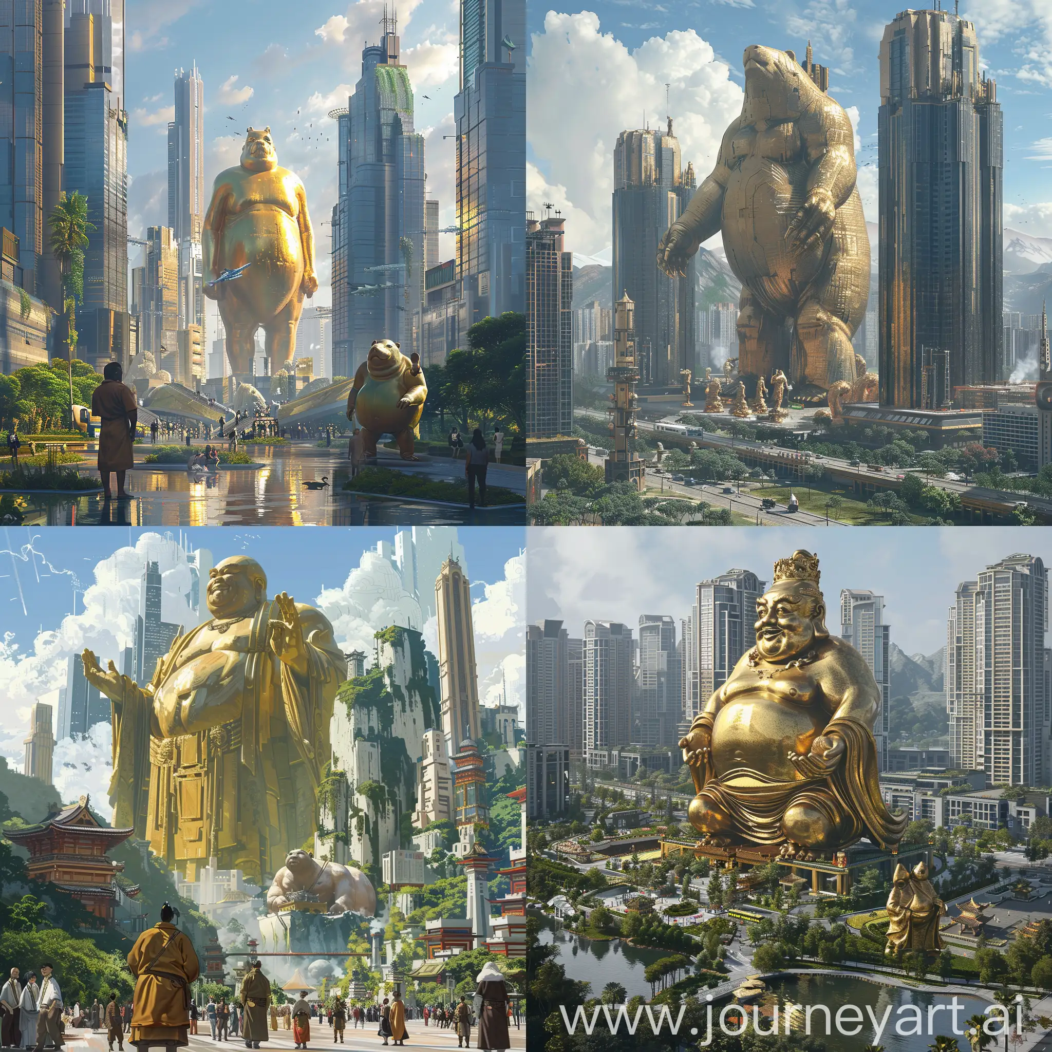 Modern-Cityscape-with-Golden-Statue-of-Bo-Sinn-and-Fat-Man-Holding-Capybara