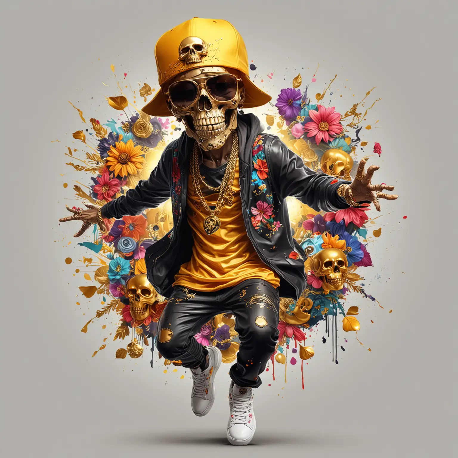 colorful abstract painting  Hip Hop halloween floral hover dancing golden skull, golden money, full body, hip hop hat, sun glasses,luxury , dead world, Graffiti Cartoon- Digital Download PNG, JPEG , white background