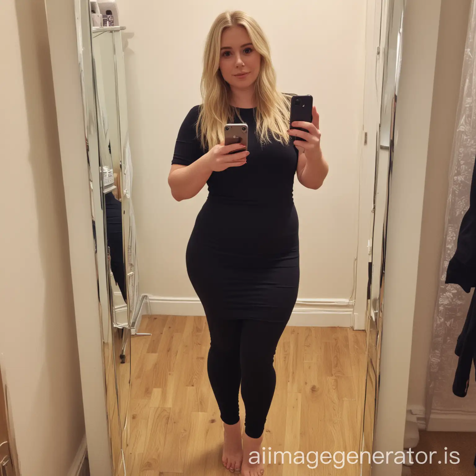 Overweight British woman blonde hair age 30 taking full length mirror selfie With clothes on alone