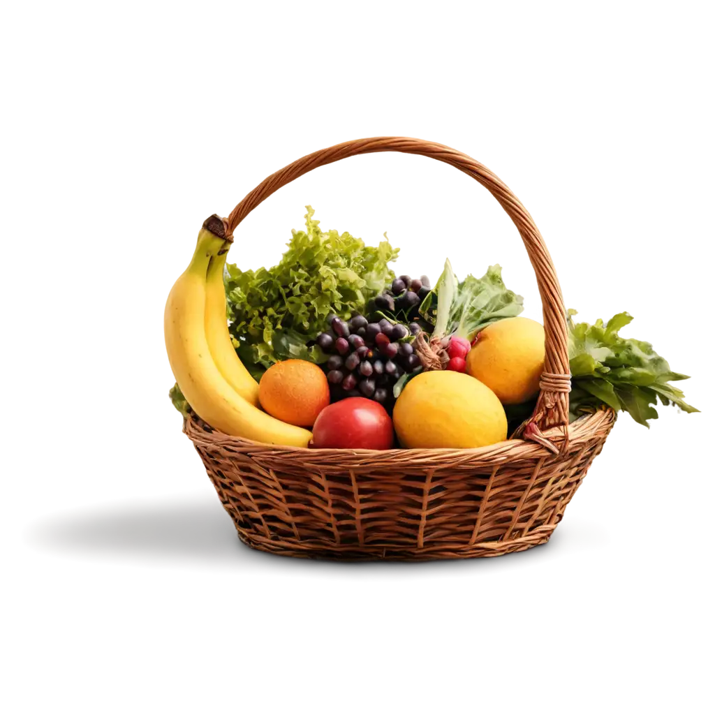 provide me an image of basket of fruits and vegetables not missing banana mango and mushroom in a png format
