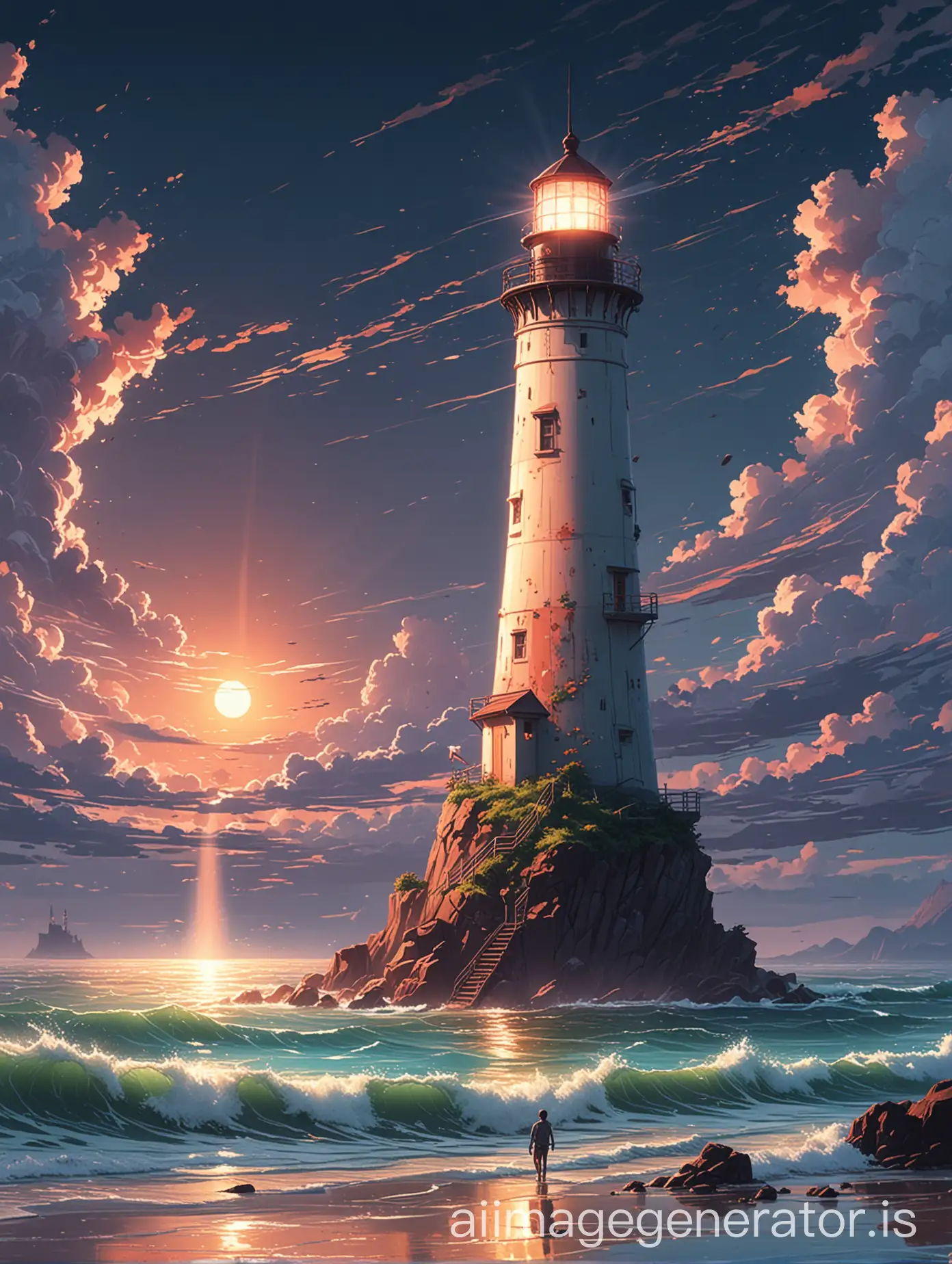 a painting of a lighthouse with a man standing at the edge of the ocean and, makoto shinkai cyril rolando, lighthouse, dream scenery art, light house, sylvain sarrailh, art of alena aenami, beautiful digital artwork, beautiful anime artwork, artistic. alena aenami, inspiring digital art, breathtaking digital art, beautiful anime art, makoto shinkai art style, beautiful anime art style, 8k stunning artwork, alena aenami and artgerm, by Alena Aenami, beautiful art uhd 4 k, inspired by Alena Aenami, epic digital art illustration