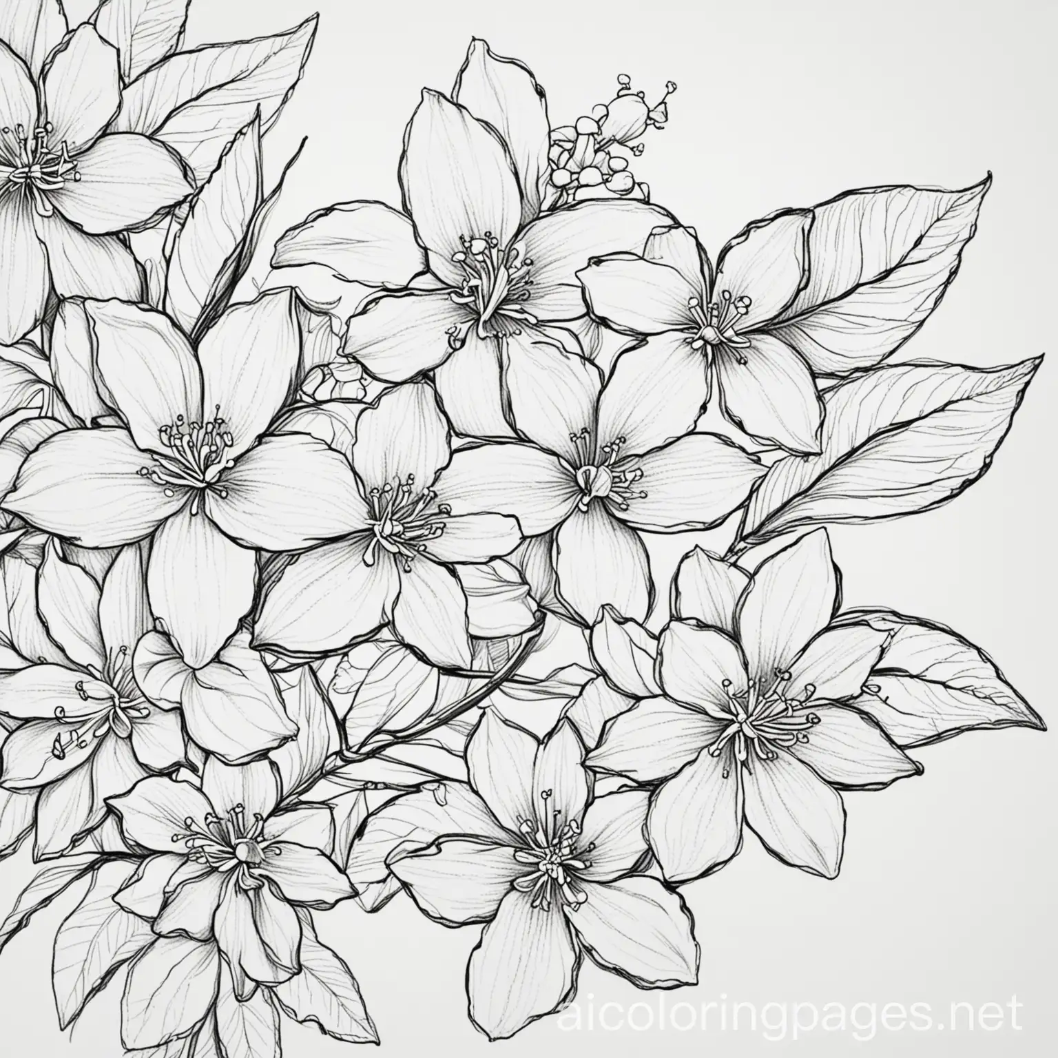 abstract of Jasmine flowers, Coloring Page, black and white, line art, white background, Simplicity, Ample White Space. The background of the coloring page is plain white to make it easy for young children to color within the lines. The outlines of all the subjects are easy to distinguish, making it simple for kids to color without too much difficulty