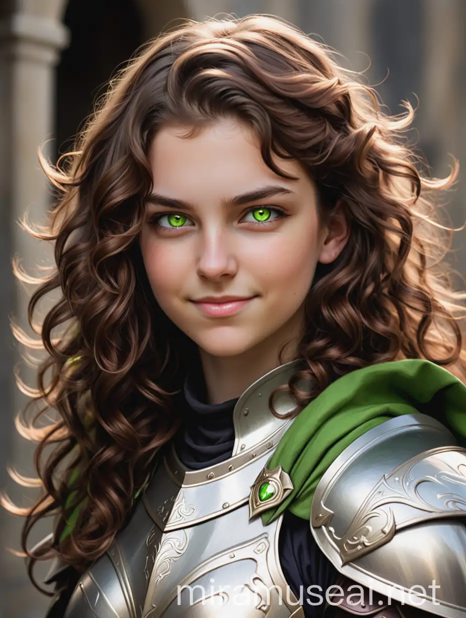 a young woman with wavy brown hair. the hair is long and draped over her right shoulder. she has one brough eye and one green eye. she is wearing paladin armor and a smirk