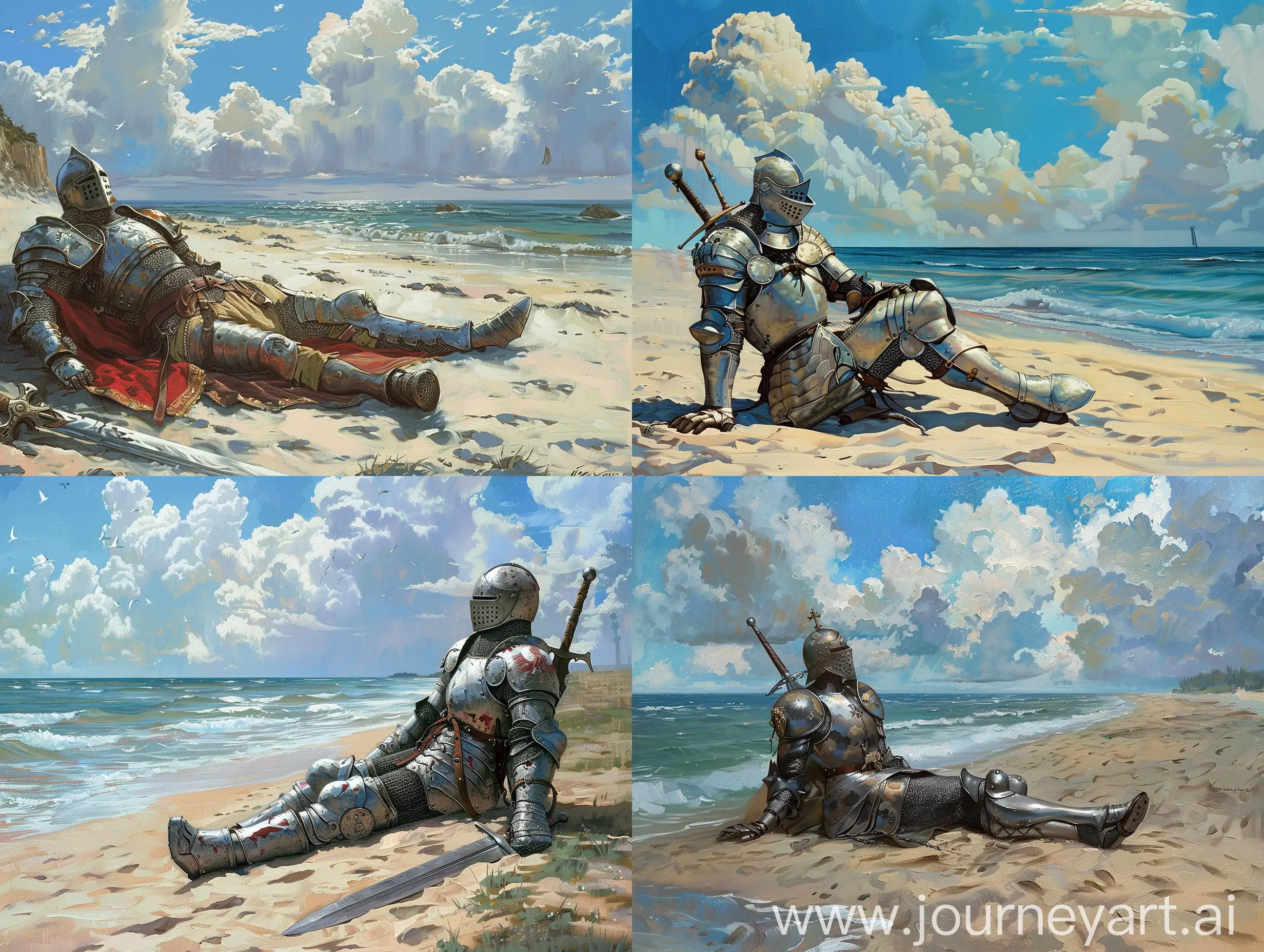 Knight-Resting-on-Beach-Tranquil-Scene-of-Medieval-Warrior-Relaxing-by-Seaside