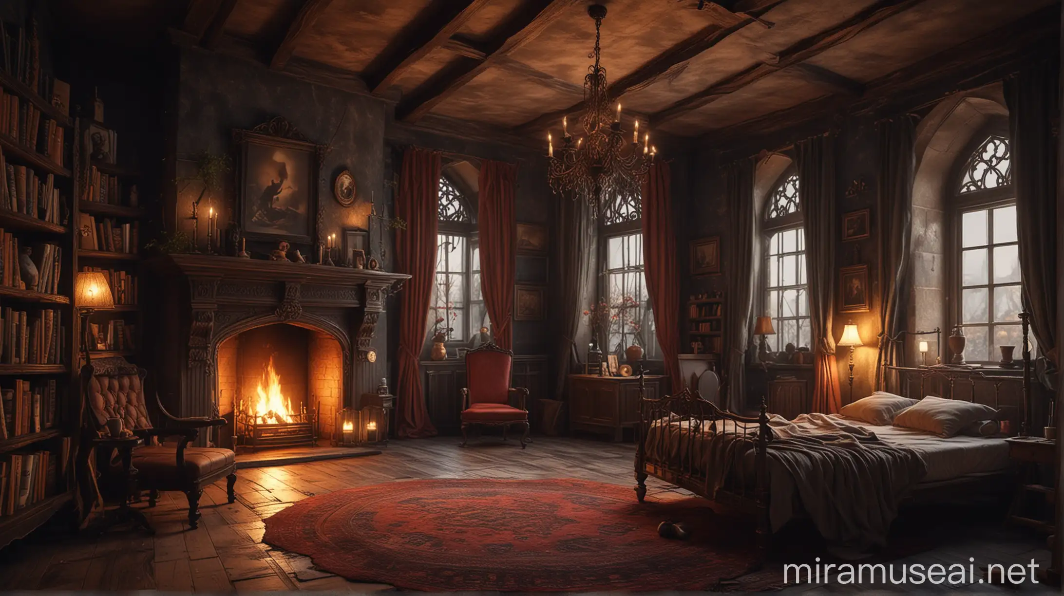 arafed room with a fireplace and a bed in it, cozy place, cosy atmoshpere, cozy environment, gothic epic library, gothic mansion room, cozy room, cozy and peaceful atmosphere, gothic epic library concept, cozy setting, cosy enchanted scene, magical environment, gothic library, cozy atmospheric, warm interior, castle library, cozy wallpaper, relaxing concept art