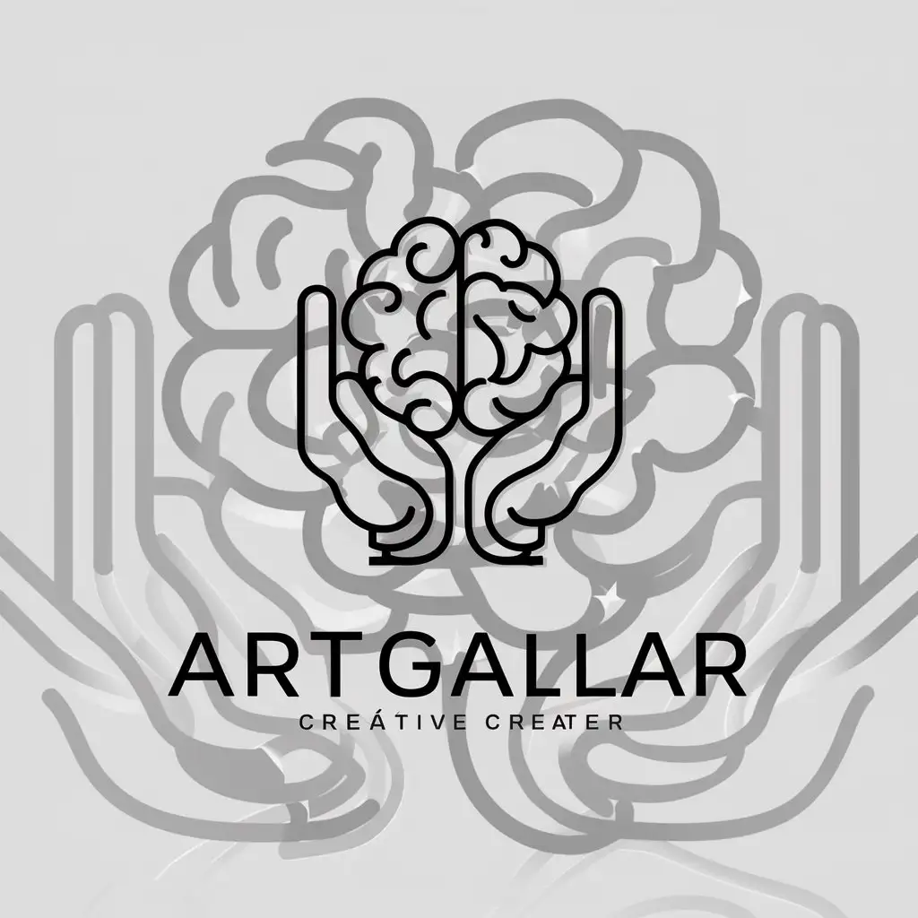 a logo design,with the text "Artgallar", main symbol:cerebro y manos,complex,clear background