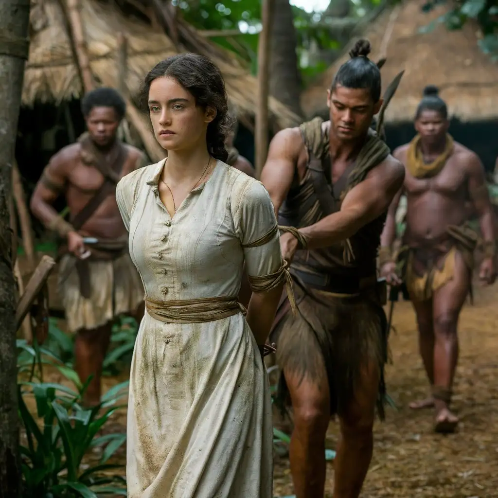 A busty captured woman (25 years old, 1800s) stands in a jungle-tribal village in a dirty white roll-up-sleeve dress, the womans hands tied behind her back, few tribal warriors stand around close to the woman, a tribal warrior escort the woman and hold her arm, background: tribal huts