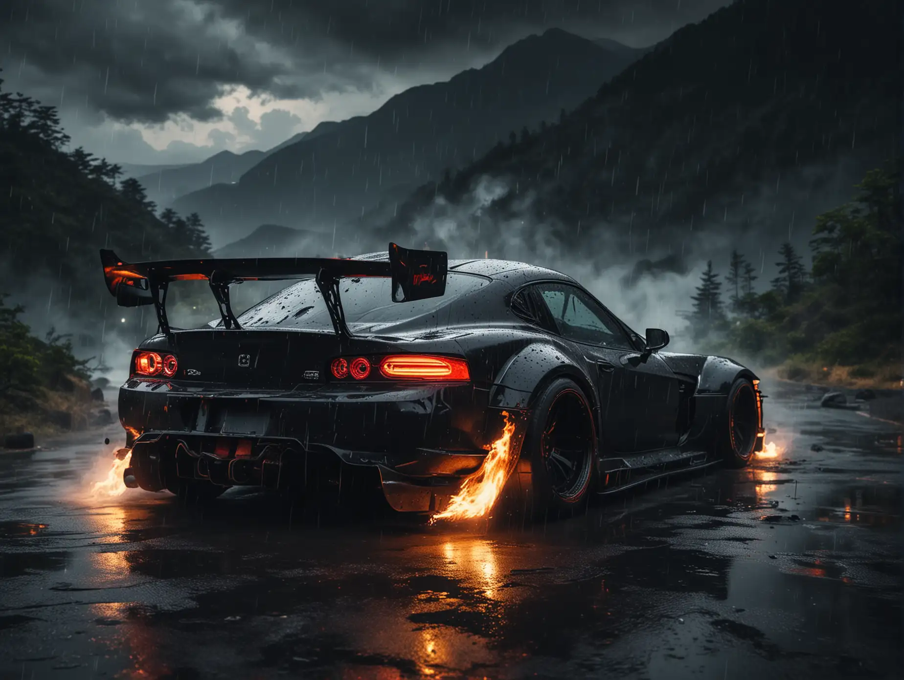 Create  futuristic  Japanese cars  tuning type  Evil venom with big Wells  drifting at night in the mountains background black dark color rear view from far away raining with fire