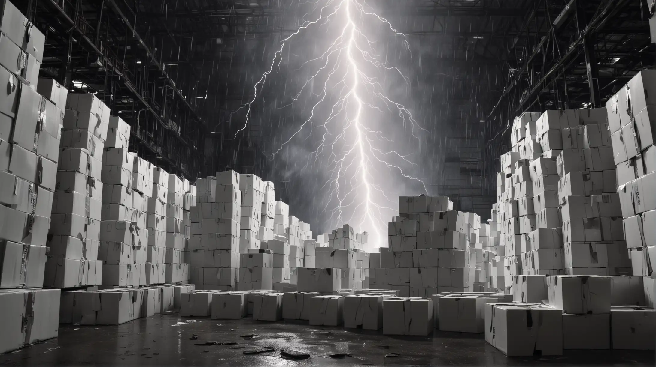 Dark Factory Interior with Stacked Cardboard Boxes and Lightning Strike