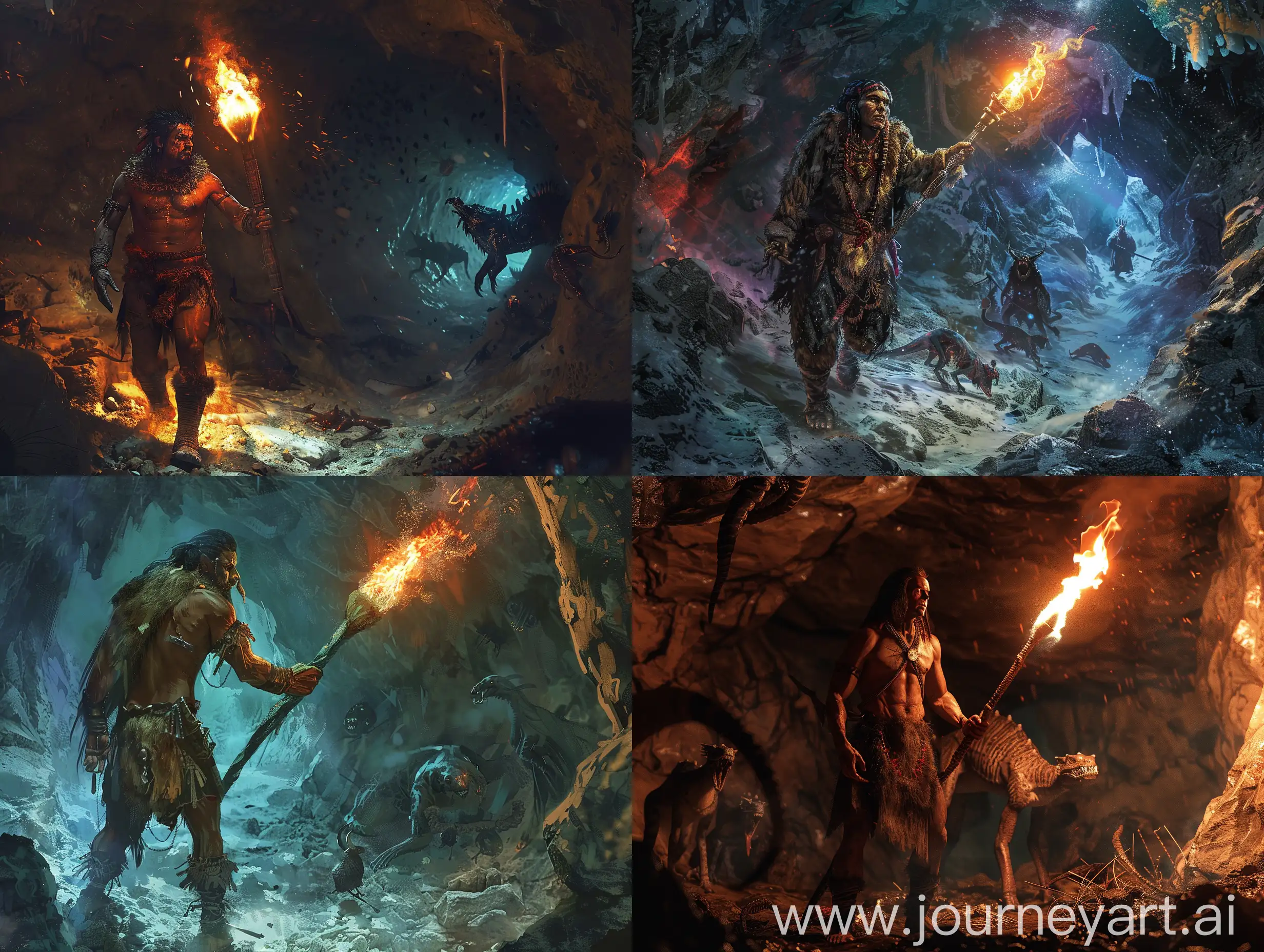 A handsome and strong altaic shaman wandering in the depths of the underworld with a big torch, lighting his way and seeing strange creatures all around, photorealistic, very detailed and cinematic