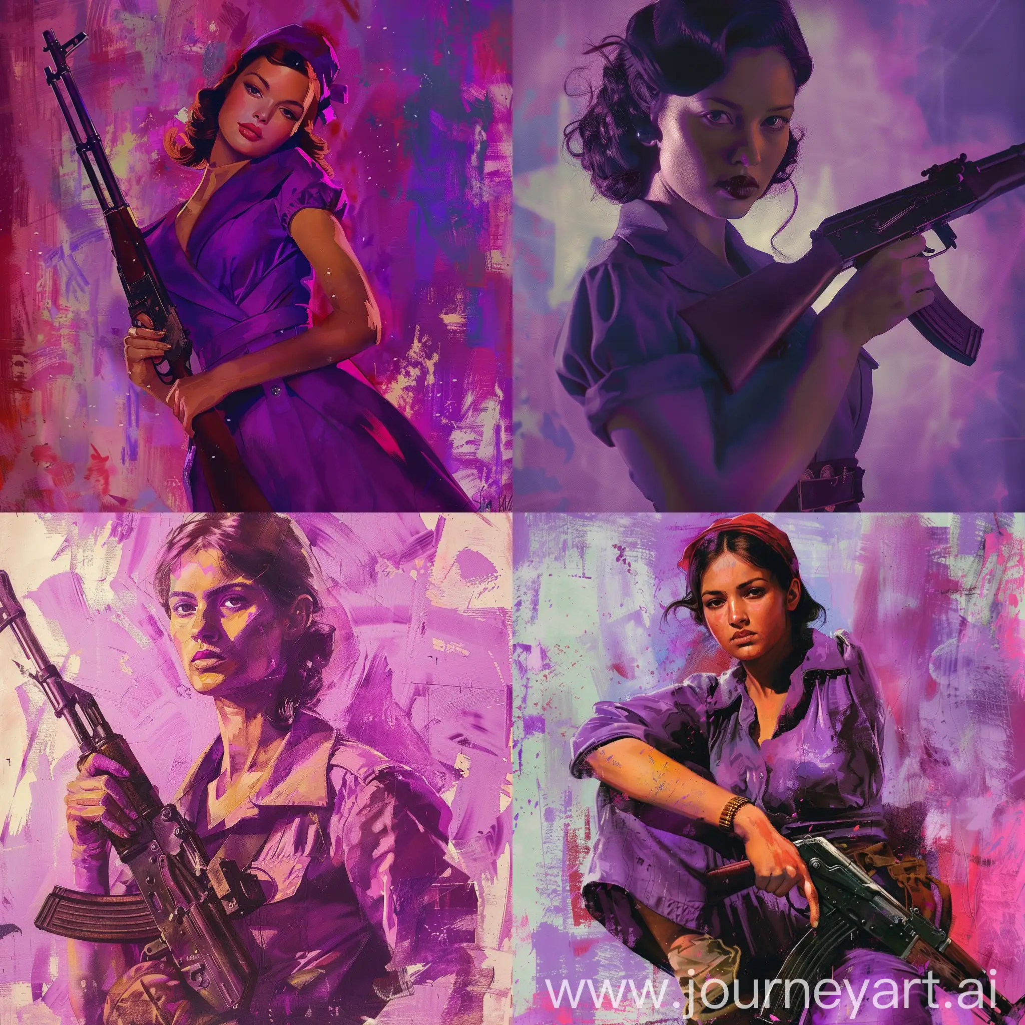 Retro-Synthwave-Army-Advertisement-Colombian-Woman-in-Purple-Dress-with-Assault-Rifle