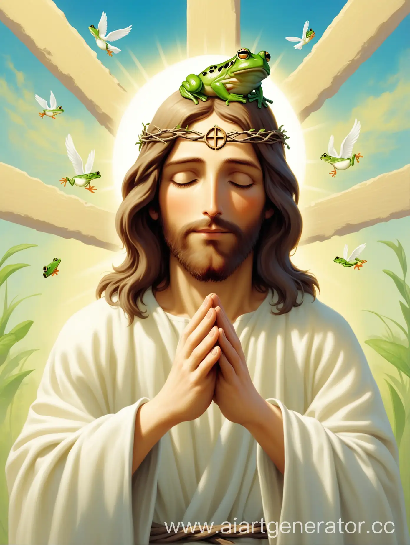Исус с маленькой жабой на лбу показывает знак мира, скрестив руки 