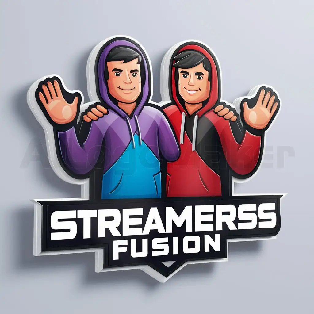 a logo design,with the text "Streamers Fusion", main symbol:create me a 3D logo of two Gamers standing next to each other welcoming new player one of the Guys is a Purple, blue and red hoodie. The other guy is in a Red and Black hoodie,Moderate,be used in Entertainment industry,clear background
