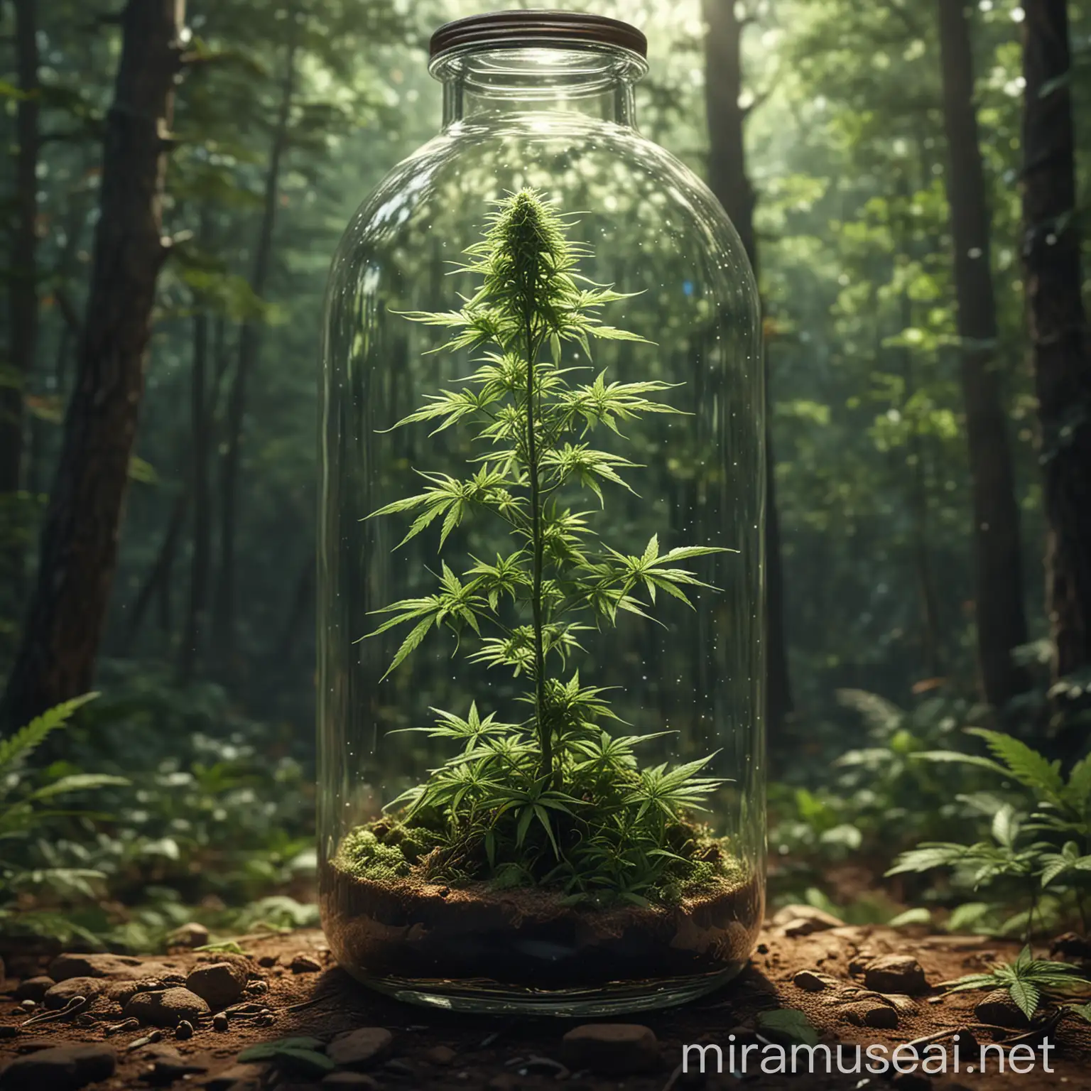 view of a marijuana tree in a forest, inside a glass bottle, ecology theme, great definition and detail, high quality,
dramatic, masterpiece, sharp focus, depth of field, unreal engine, perfect composition, digital art on pixiv, artstation, 8k, hdr