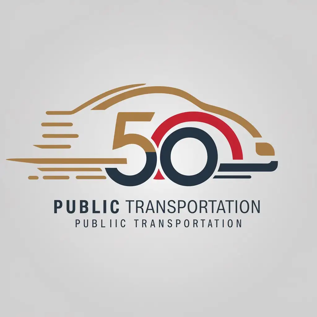 a logo design,with the text "public transportation fiftieth anniversary", main symbol:car wheel, number 50, letter P, T, public bus, gold color, red color, blue color, splash style,Minimalistic,be used in Automotive industry,clear background