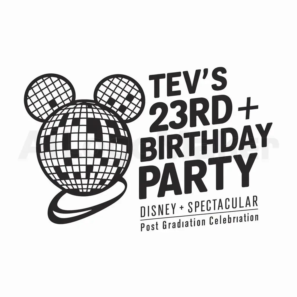 a logo design,with the text "Tev’s Belated 23rd Birthday Party Disney + Spectacular & Post Graduation Celebration", main symbol:Discoball in a classic mickey mouse shape,Moderate,be used in Others industry,clear background