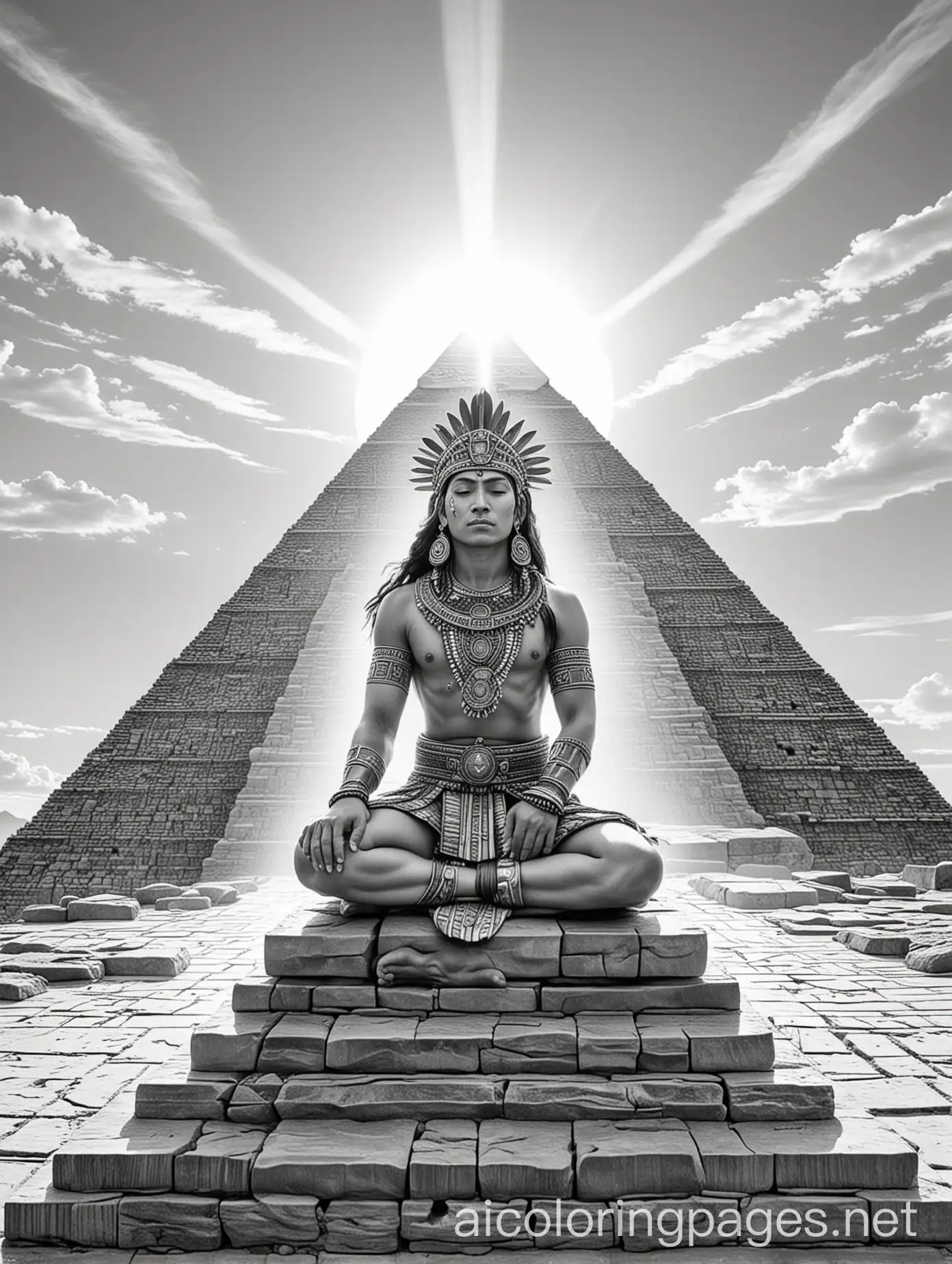  Wide shot of Aztec warrior meditating on top of a pyramid, with the sun shining in the background, Coloring Page, black and white, line art, white background, Simplicity, Ample White Space. The background of the coloring page is plain white to make it easy for young children to color within the lines. The outlines of all the subjects are easy to distinguish, making it simple for kids to color without too much difficulty. (The input is already in English, so no translation is needed.)