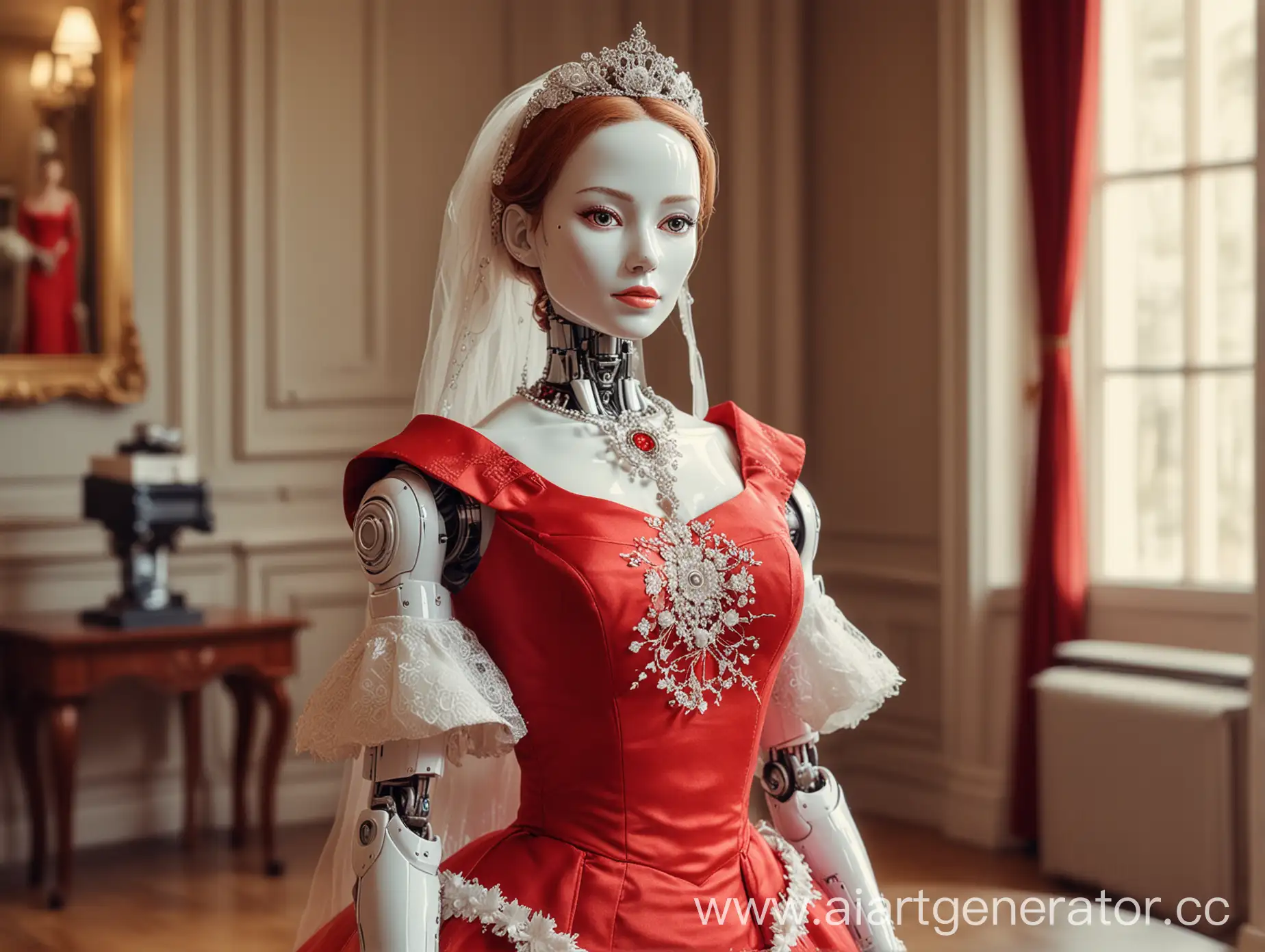 Шикарная невеста робот в красном платье в загсе