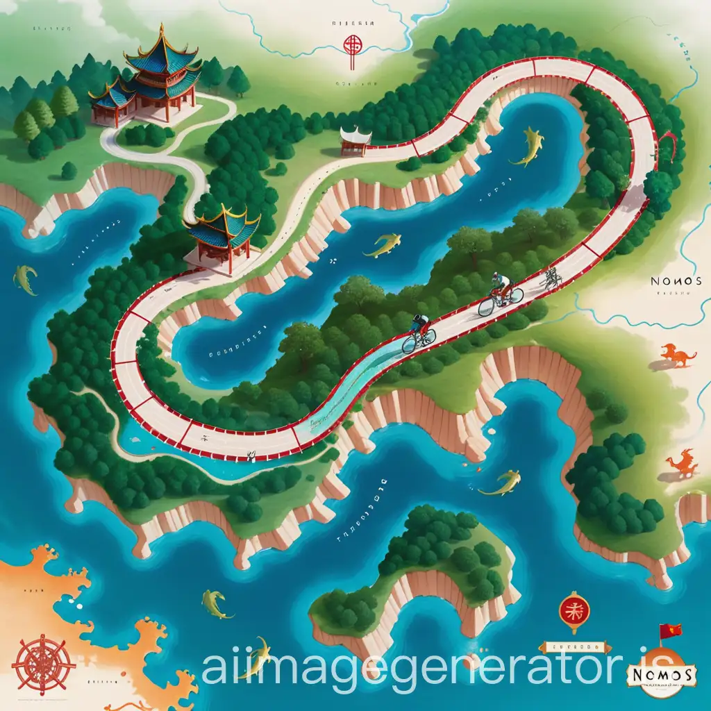 A map like from fantasy with nomos, a Chinese dragon, the kraten ... and this has to indicate a bike route