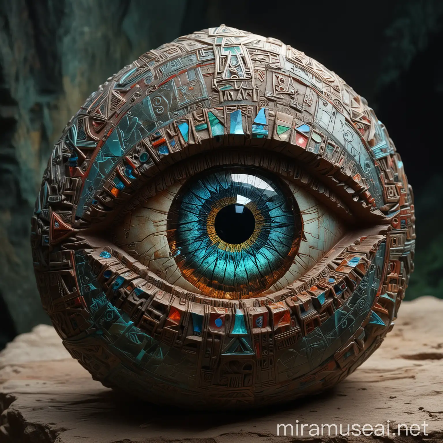 an ancient, intricately designed artifact resembling a large, crystalline eye. Its surface shimmers with a myriad of colors, shifting and changing as if alive. The artifact radiates an aura of immense power, its very presence imposing and awe-inspiring. Runes and symbols from an ancient civilization are etched into its surface, hinting at its origin and purpose.