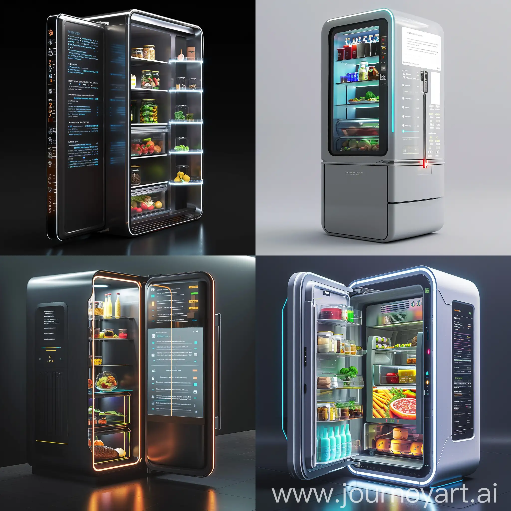 Futuristic fridge, information age of future, AI-Powered Food Management System, Self-Sanitizing Surfaces, Modular Storage Units, Holographic Display, Energy-Efficient Cooling System, Energy-Efficient Cooling System, Built-In Nutrient Scanner, Automatic Inventory Replenishment, Smart Energy Management, Virtual Assistant Integration, Blockchain-Based Food Traceability, Augmented Reality Recipe Guidance, Predictive Maintenance Analytics, Cloud-Based Recipe Database, IoT Sensors for Food Quality Monitoring, Data-Driven Food Preservation, Social Media Integration for Recipe Sharing, Personalized Health Tracking, Gamified Food Waste Reduction, Collaborative Cooking Platform, Nano-coating Exterior, Transparent OLED Display, Smart Lighting System, Interactive Touch Controls, Integrated Smart Assistant, Aerodynamic Design, Hidden Handles, Biometric Security System, Advanced Insulation Materials, Customizable Exterior Panels, Augmented Reality Shopping Interface, E-Ink Display for Dynamic Messaging, Digital Art Gallery Mode, Social Media Integration for Food Sharing, Location-Based Weather Forecast, QR Code Food Label Scanner, Interactive Health Monitoring, Virtual Cooking Classes, Environmental Impact Tracker, Community Recipe Exchange, unreal engine 5 --stylize 1000