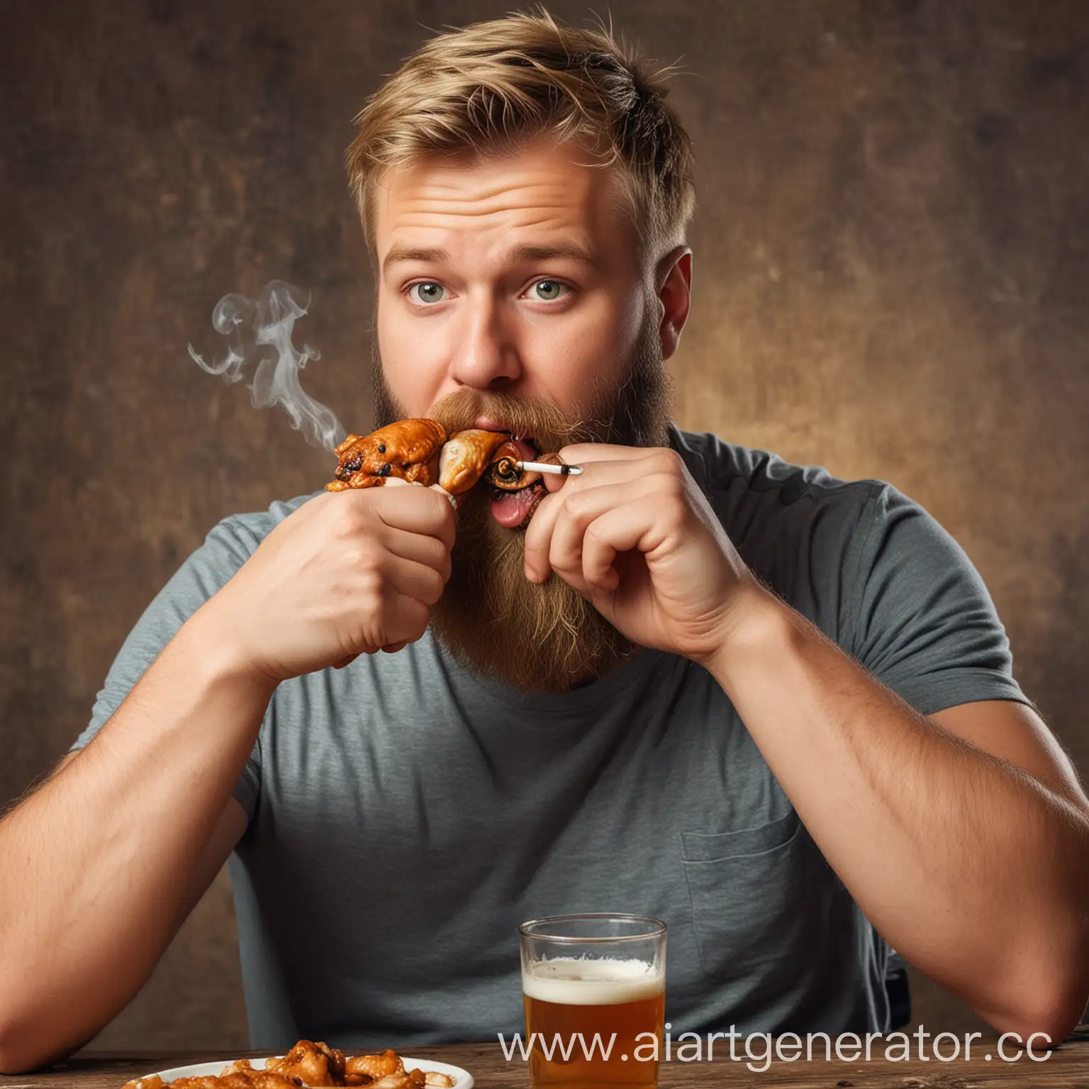 Bearded-Man-Drinking-Unpleasant-Beer-and-Smoking-a-Chicken