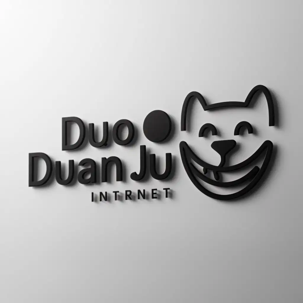 a logo design,with the text "DUO  DUAN  JU", main symbol:dog head, outline, black, 3d,Moderate,be used in Internet industry,clear background